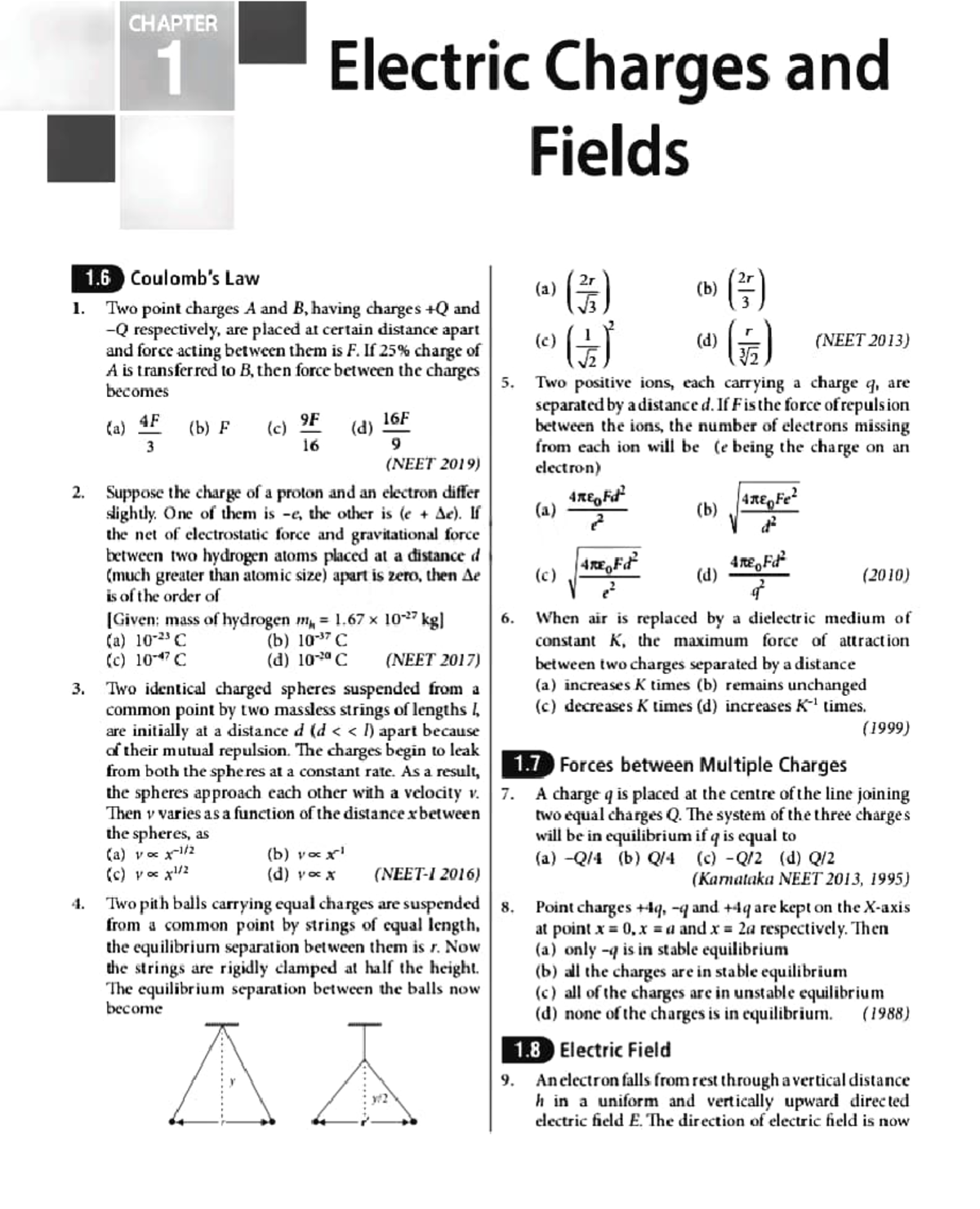Electric Charges and Fields NEET Previous Year Questions - Studocu