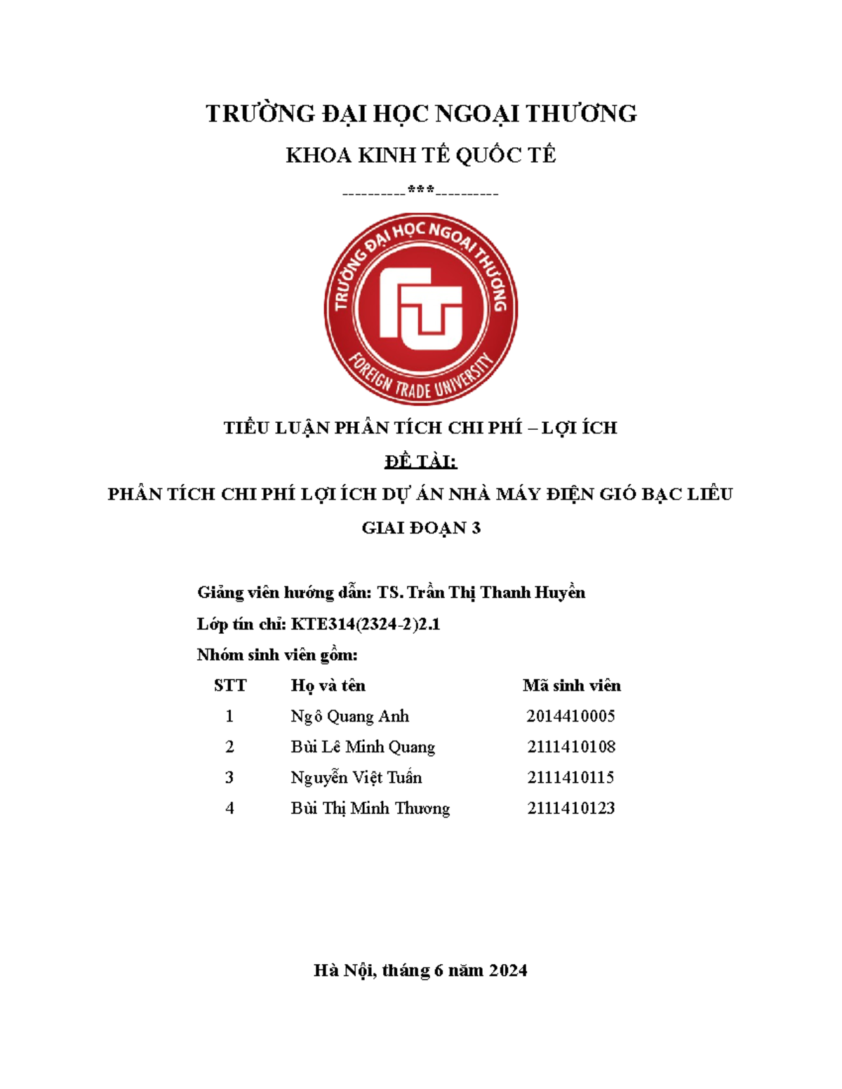 Tiểu luận CBA - Phân Tích Chi Phí Lợi Ích Dự Án Nhà Máy Điện Gió Bạc Liêu - Document Preview