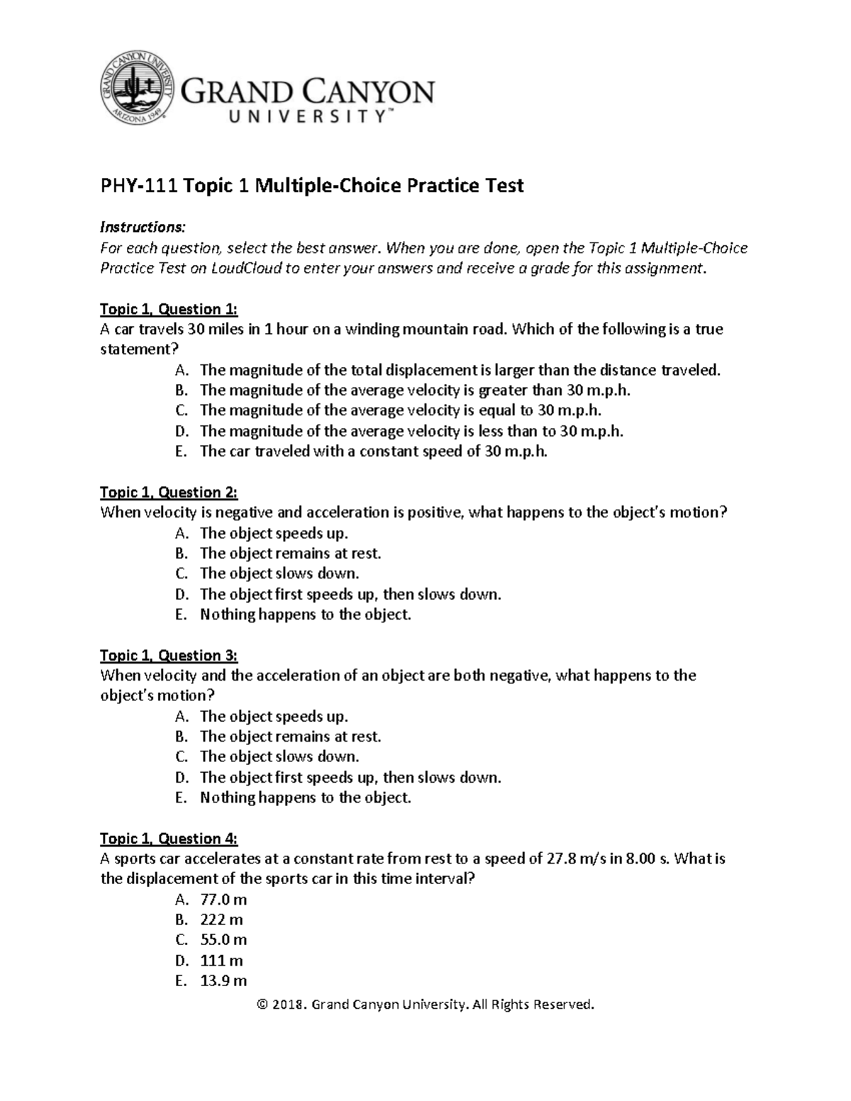PHY-111 Topic 1 MC Practice Test and Answers - Studocu