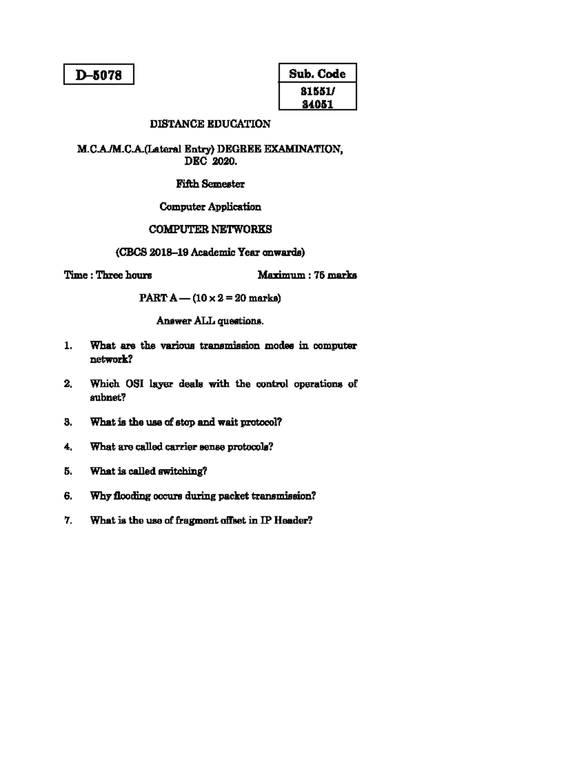 MCA 5th Sem Computer Networks Exam: Questions & Answers Guide - Studocu