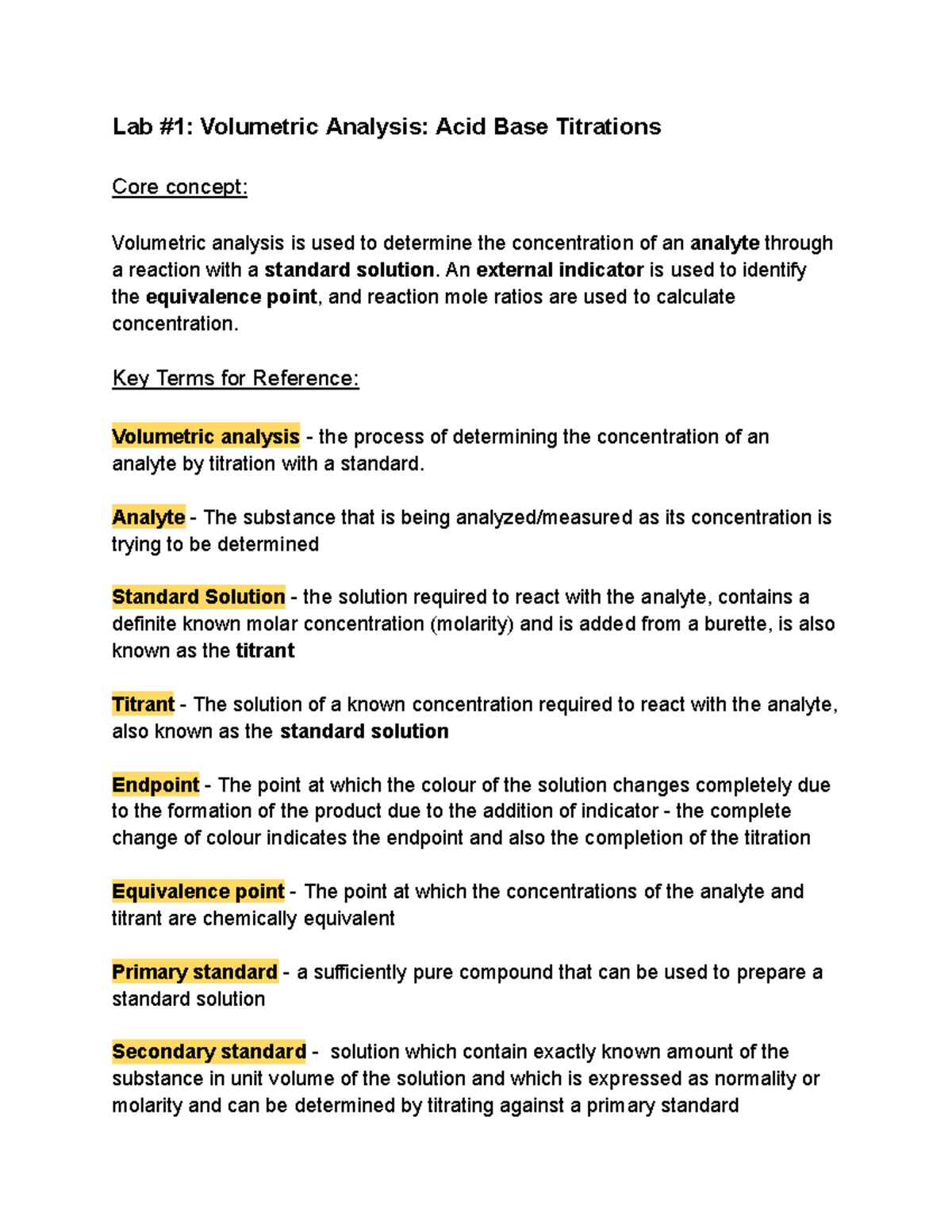 Lab Exam Notes for CH111: Volumetric Analysis & Equilibrium - Studocu