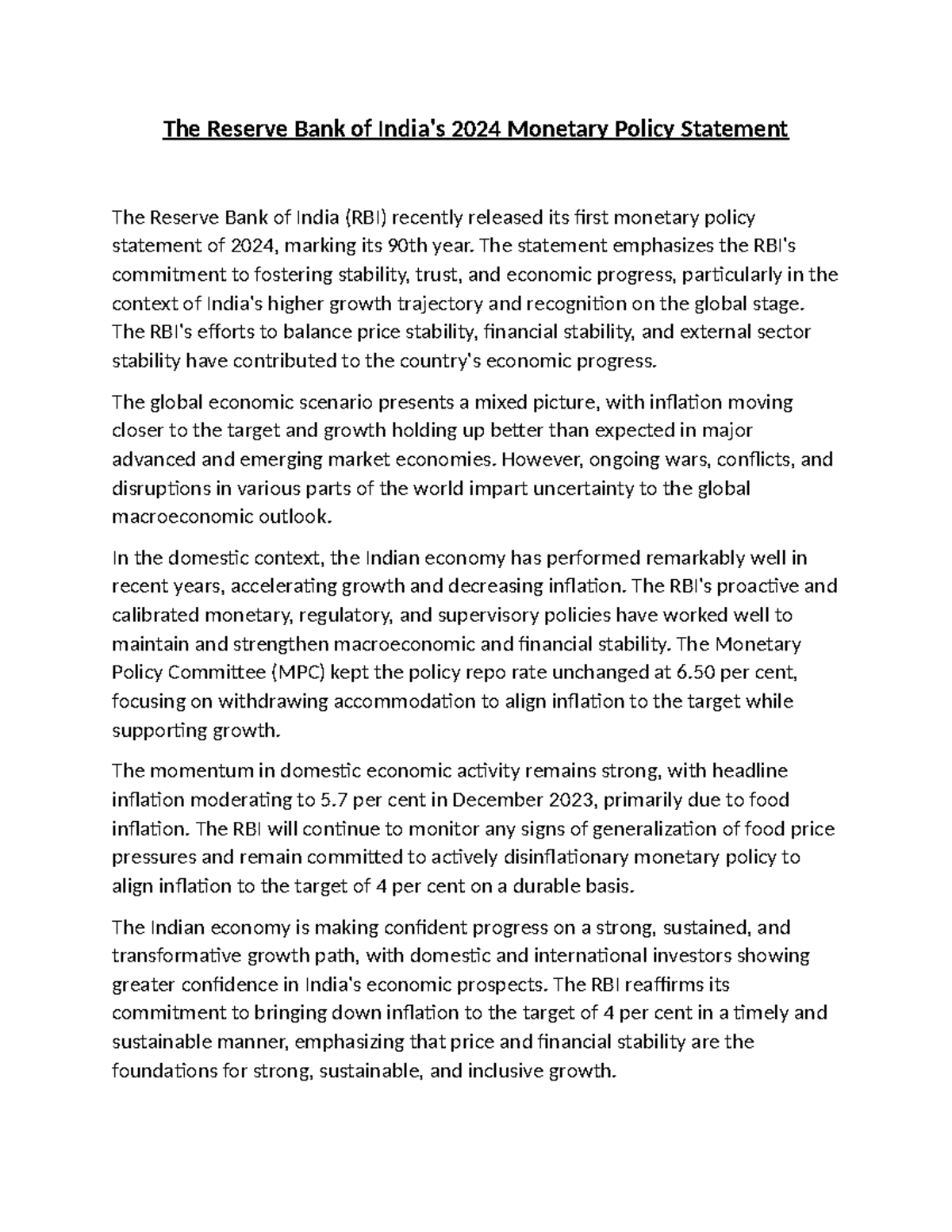 The Reserve Bank of India - The statement emphasizes the RBI's ...