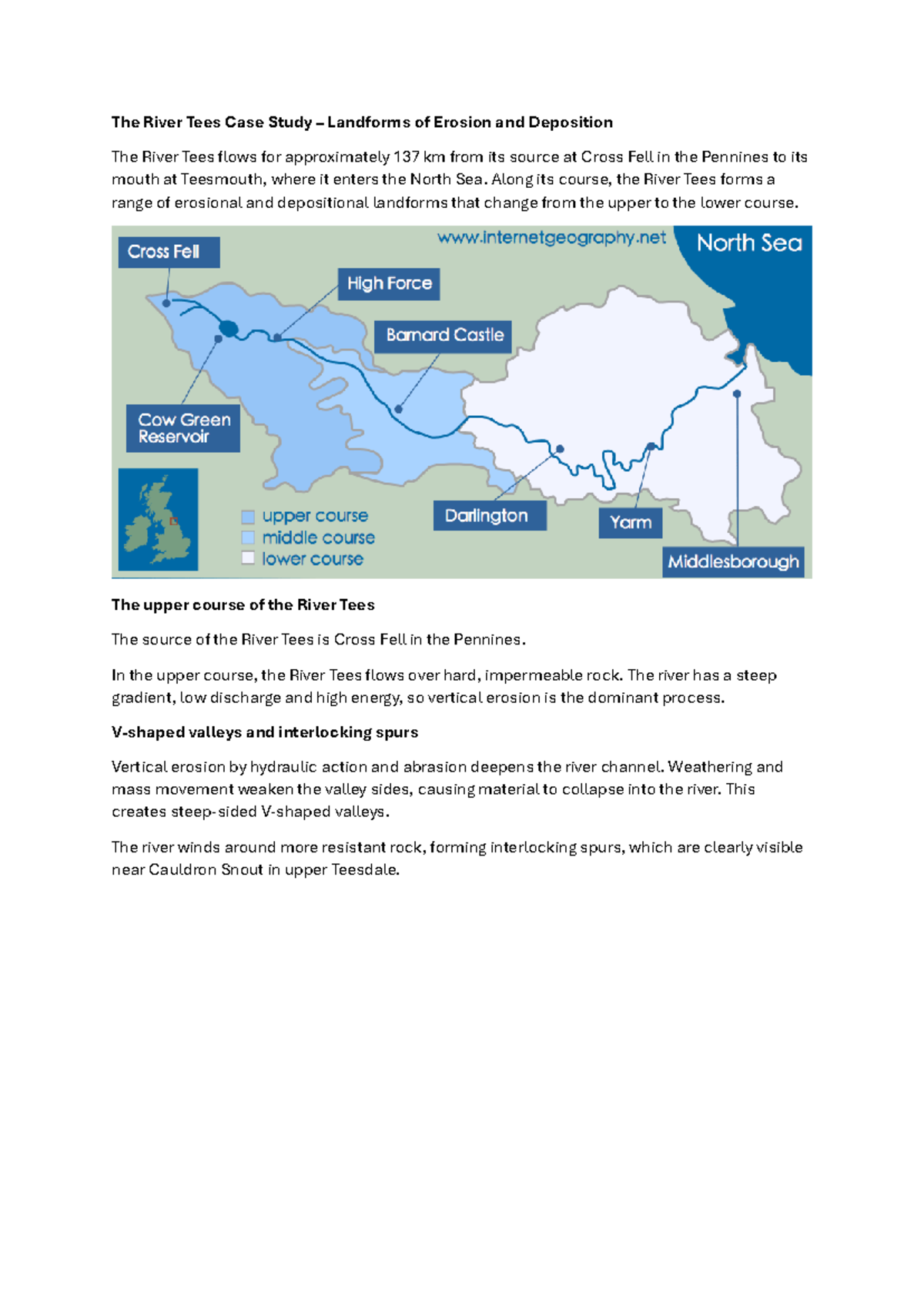 The River Tees Case Study: Erosional & Depositional Landforms - Studocu