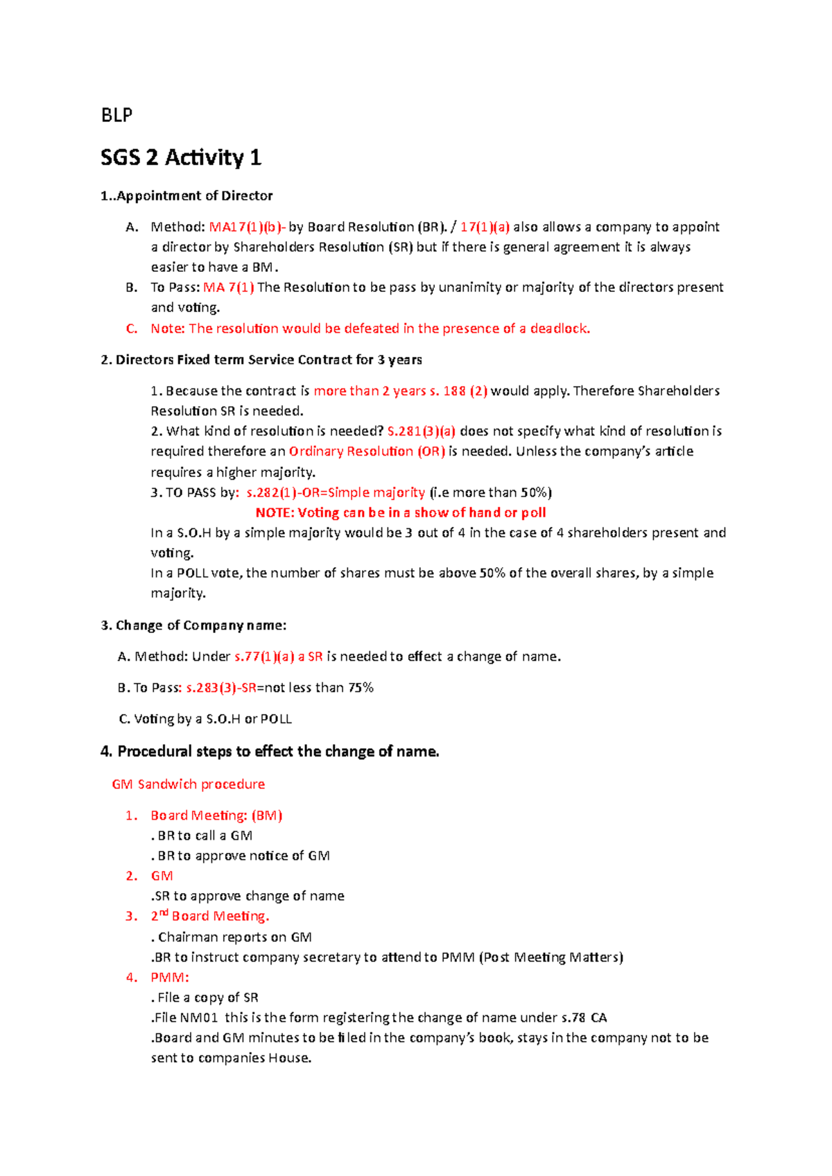 BLP Revision - Assessment - BLP SGS 2 Activity 1 1 . of Director A ...
