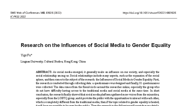 Research on Social Media's Impact on Gender Equality - ICPRSS 2022 ...