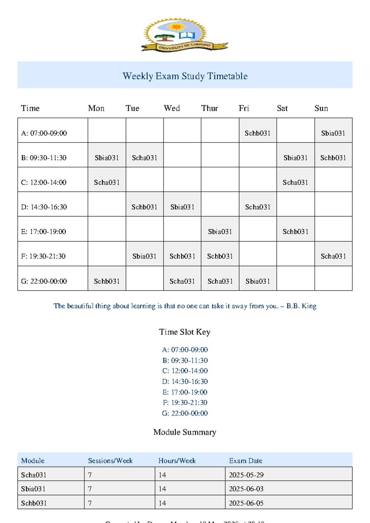 Weekly exam timetable - Weekly Exam Study Timetable Time Mon Tue Wed ...