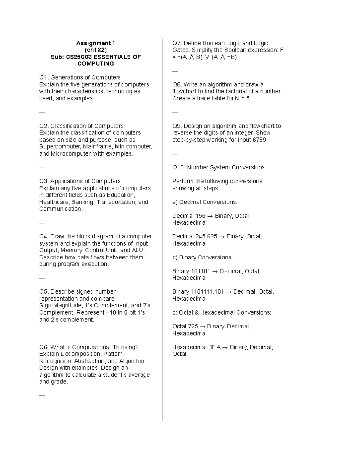 Assignment 1: CS25C03 Essentials of Computing Overview and Exercises ...