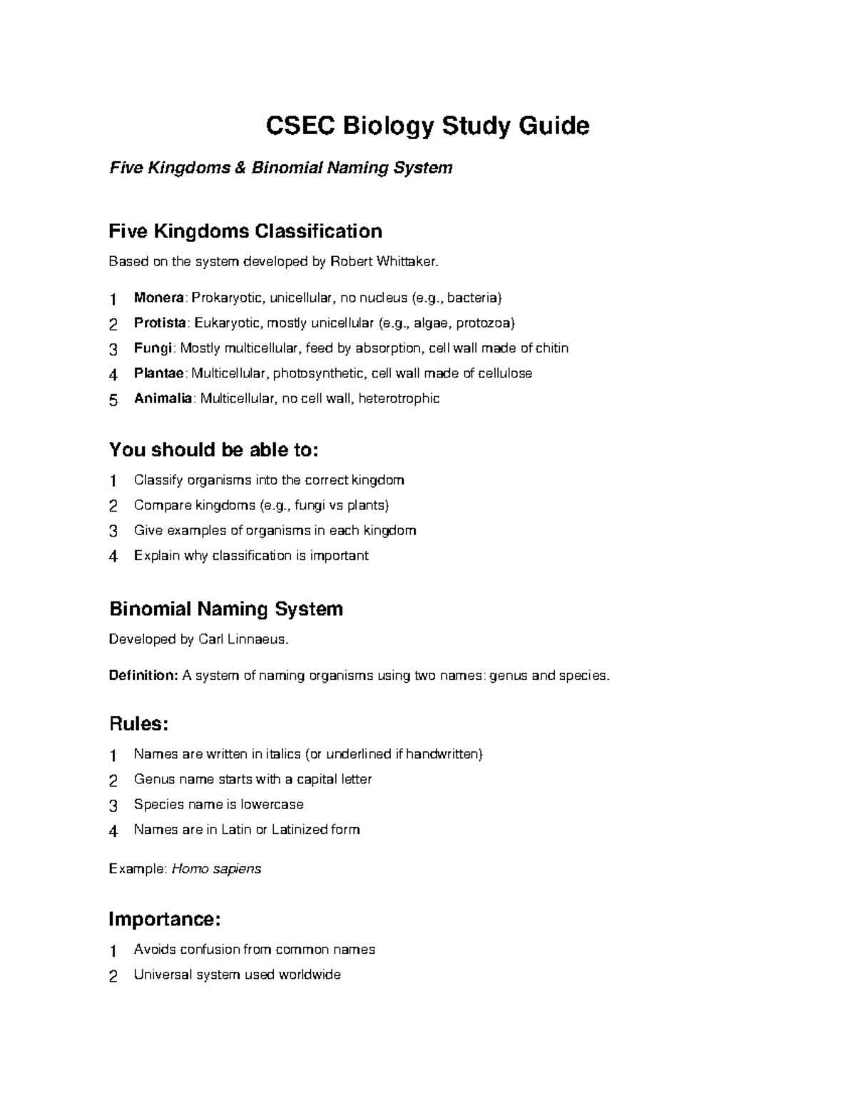 CSEC Biology Study Guide: Five Kingdoms & Binomial Naming System - Studocu