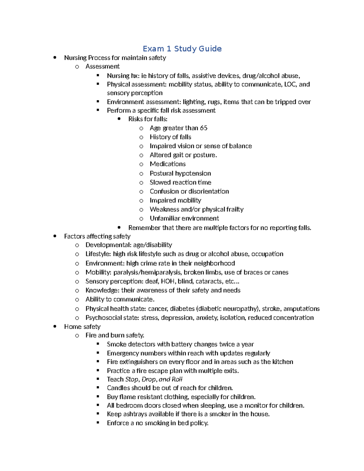 NUR 101 Exam 1 Study Guide: Safety and Assessment Strategies - Studocu