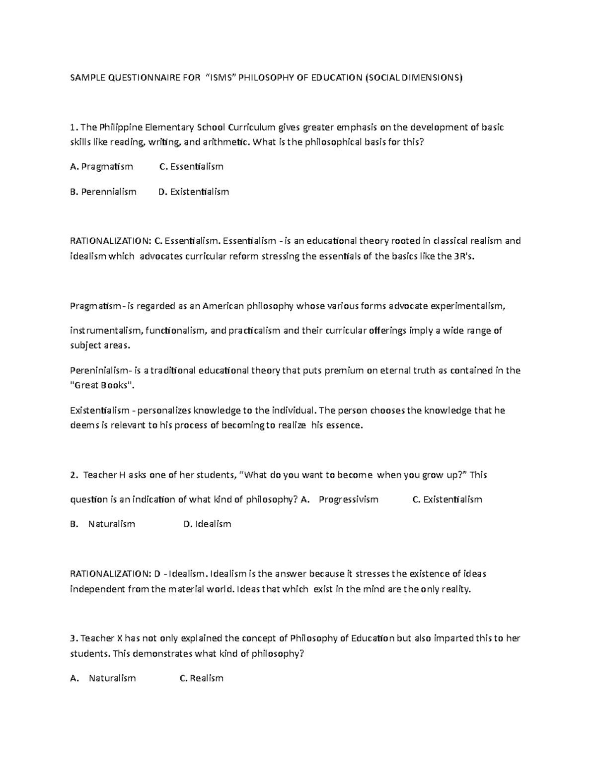SAMPLE QUESTIONNAIRE FOR ISMS PHILOSOPHY OF EDUCATION (SOCIAL ...