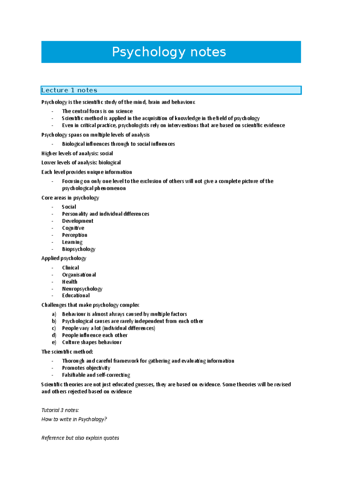 Psychology notes LECTURE 1 - Psychology notes Lecture 1 notes ...