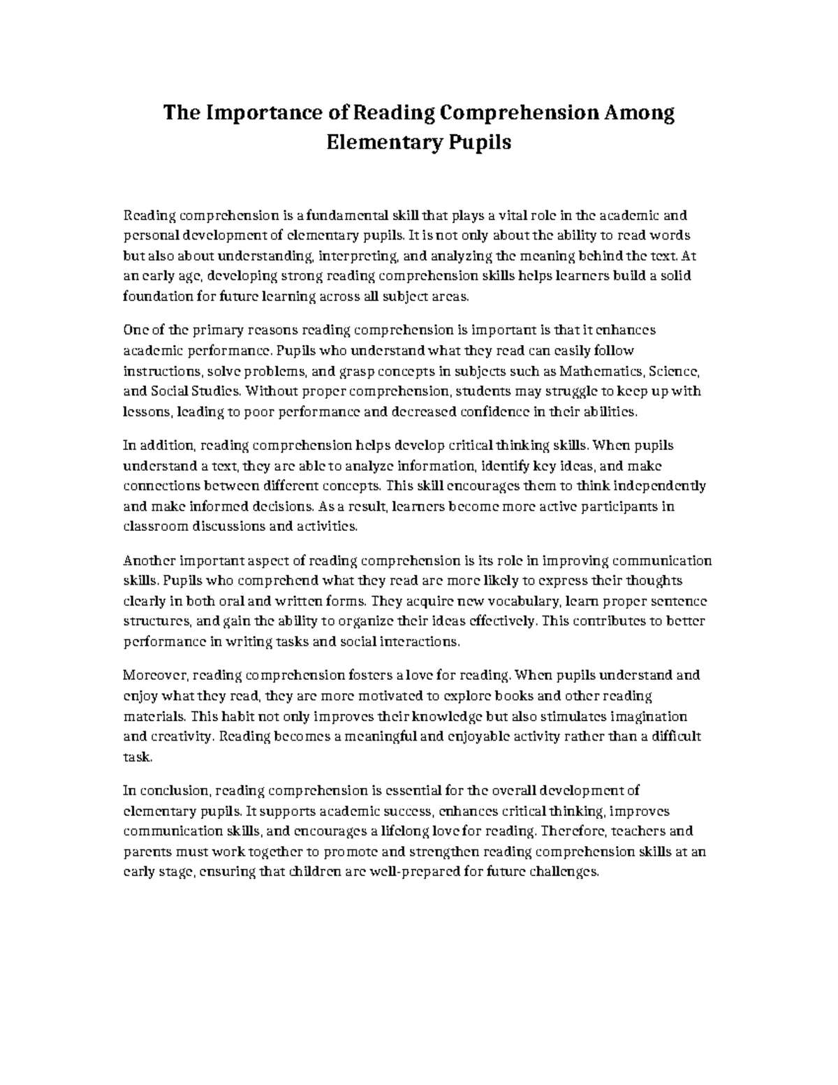 Reading Comprehension Essay: Importance for Elementary Pupils - Studocu