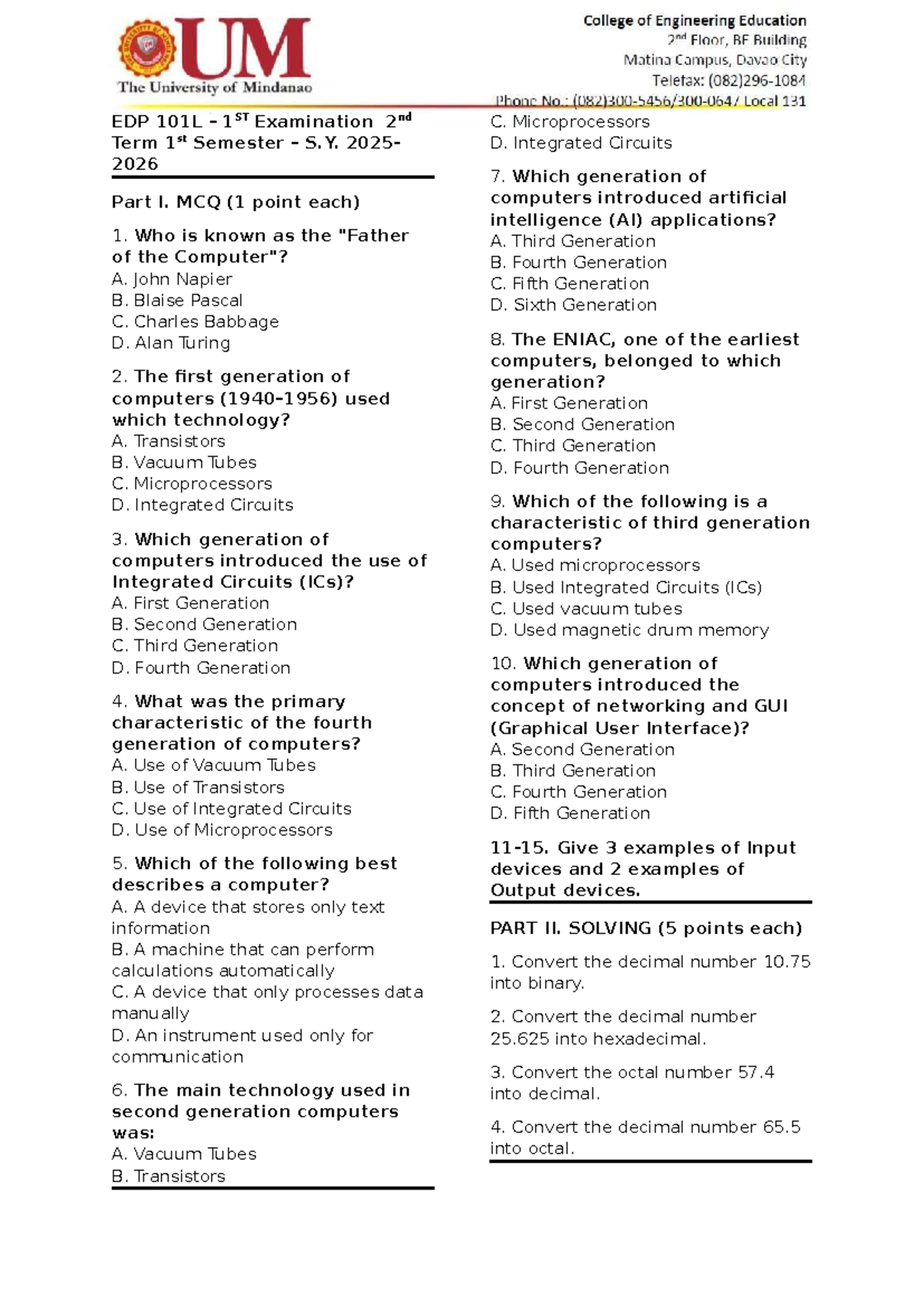 EDP 101L 1st Term 1st Semester Final Exam MCQ & Solving Questions - Studocu