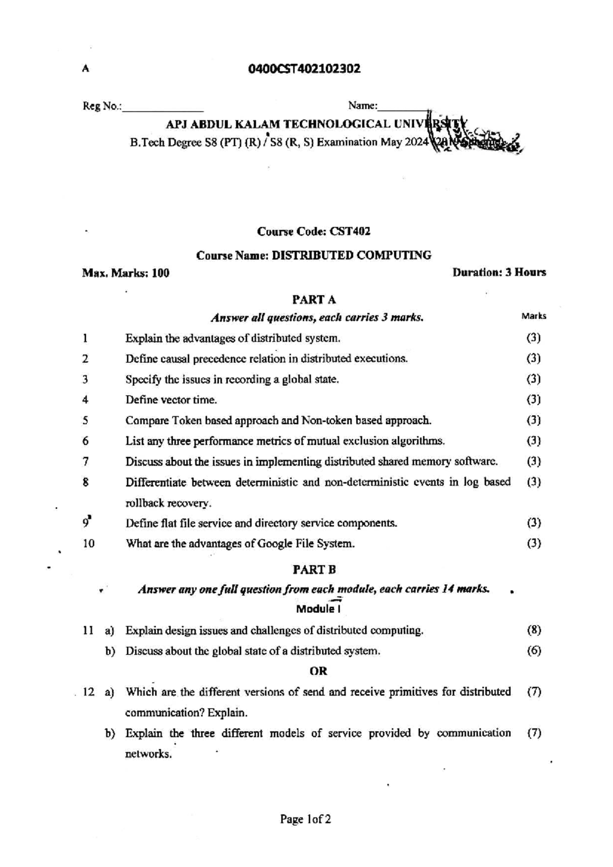 CST402 Distributed Computing Exam Questions - May 2024 - Studocu