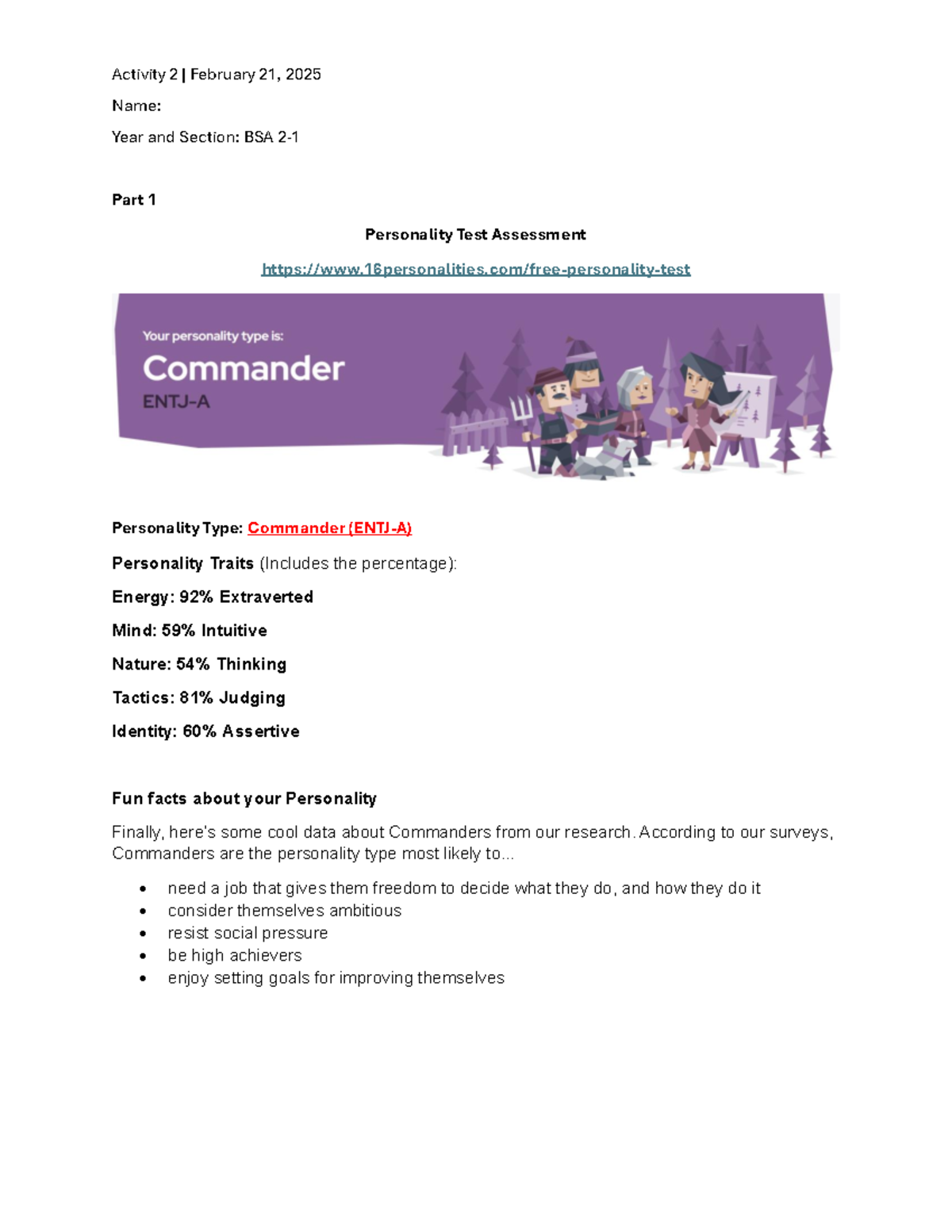 BSA Personality Test Assessment: Understanding the Commander Type - Studocu