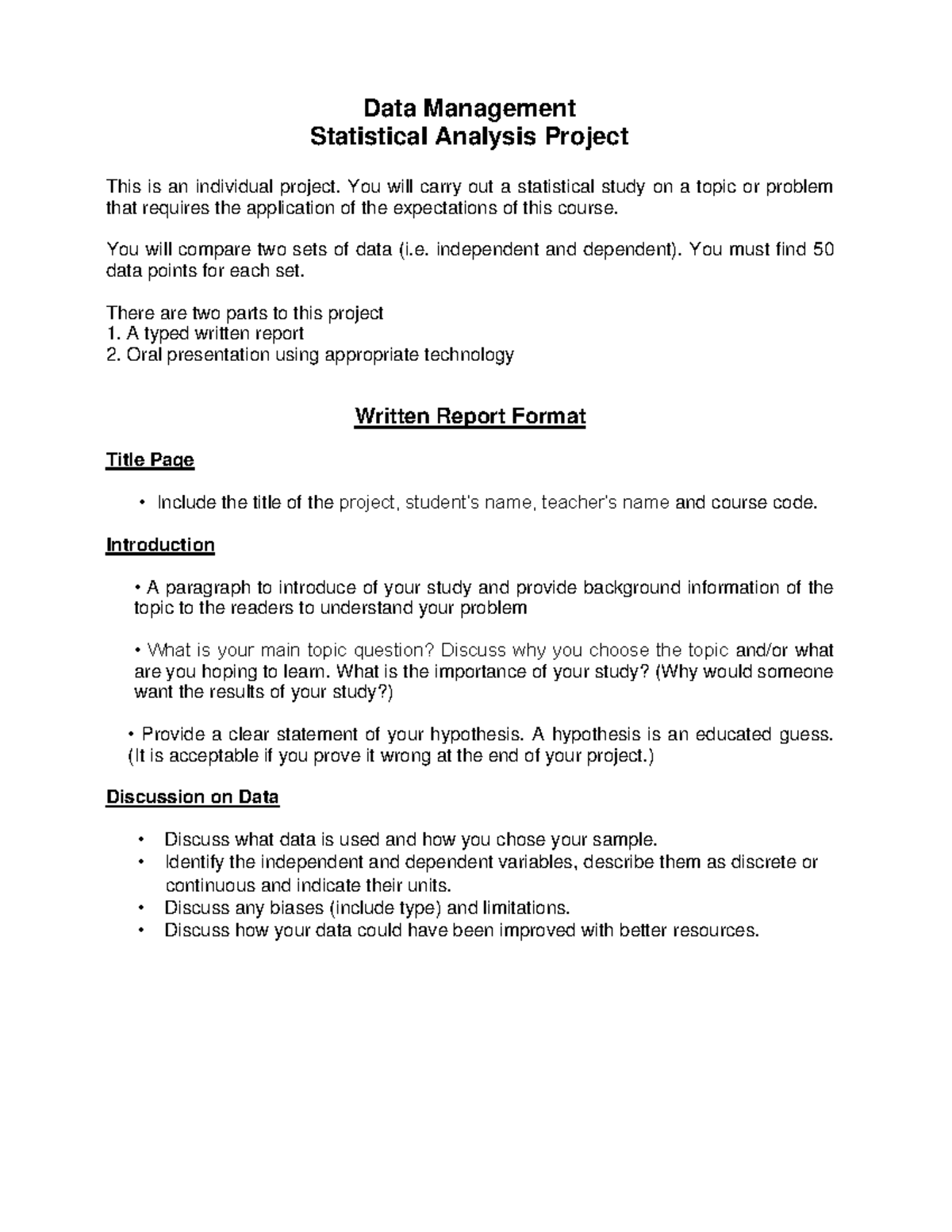 Data Management Statistical Analysis Project (Course Code: XXXX) - Studocu