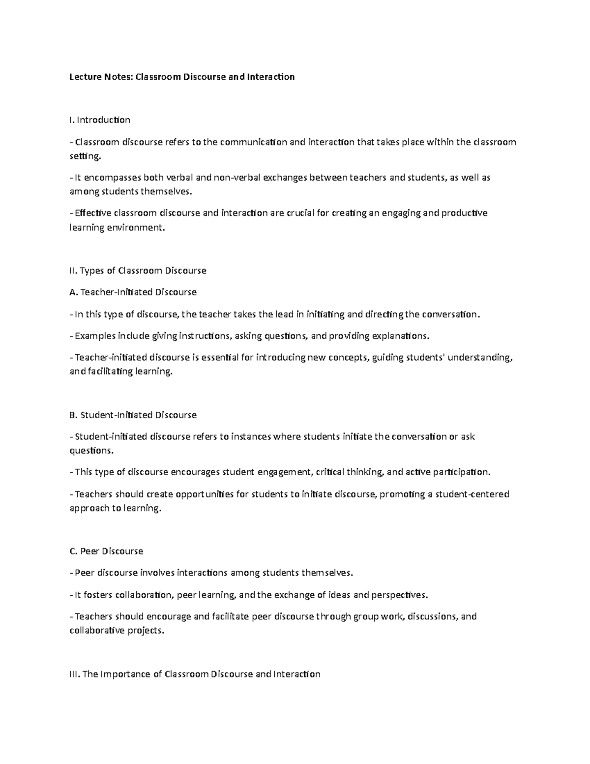 Lecture Notes: Understanding Classroom Discourse and Interaction - Studocu