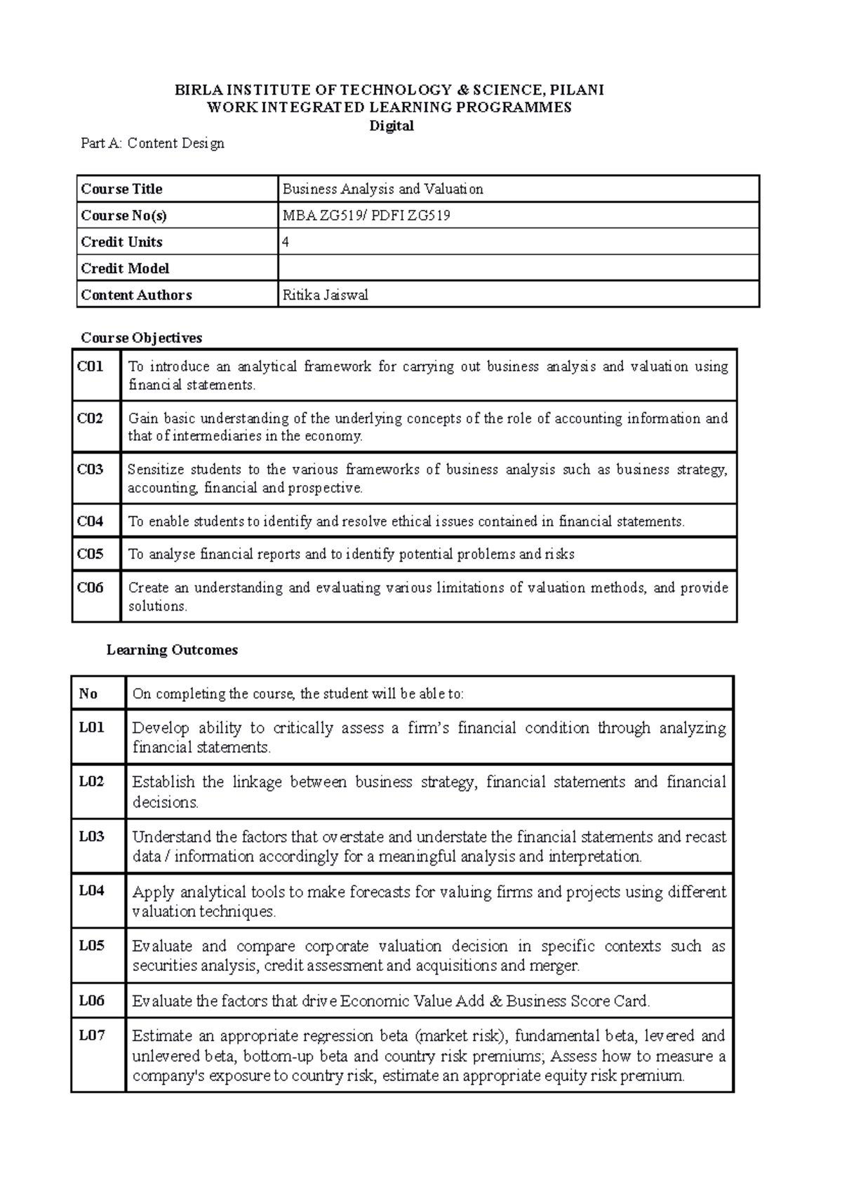 MBA ZG519 Business Analysis & Valuation Handout for Students - Studocu
