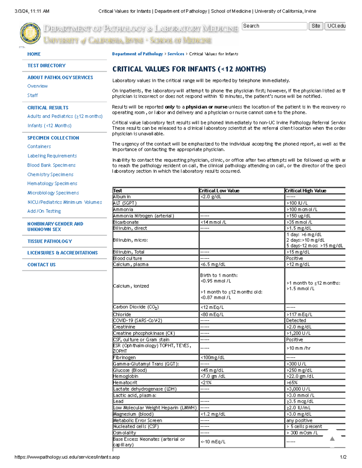 Critical Values for Infants - Pathology Dept. UCI School of Medicine ...