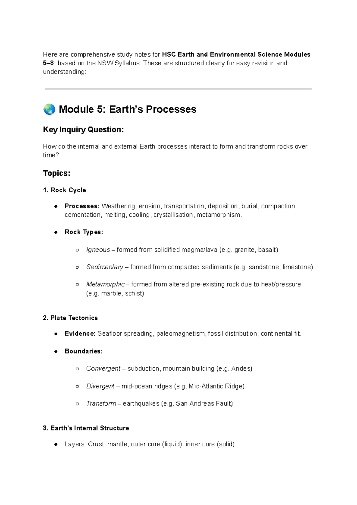 HSC Earth and Environmental Science Study Notes: Modules 5-8 Overview ...