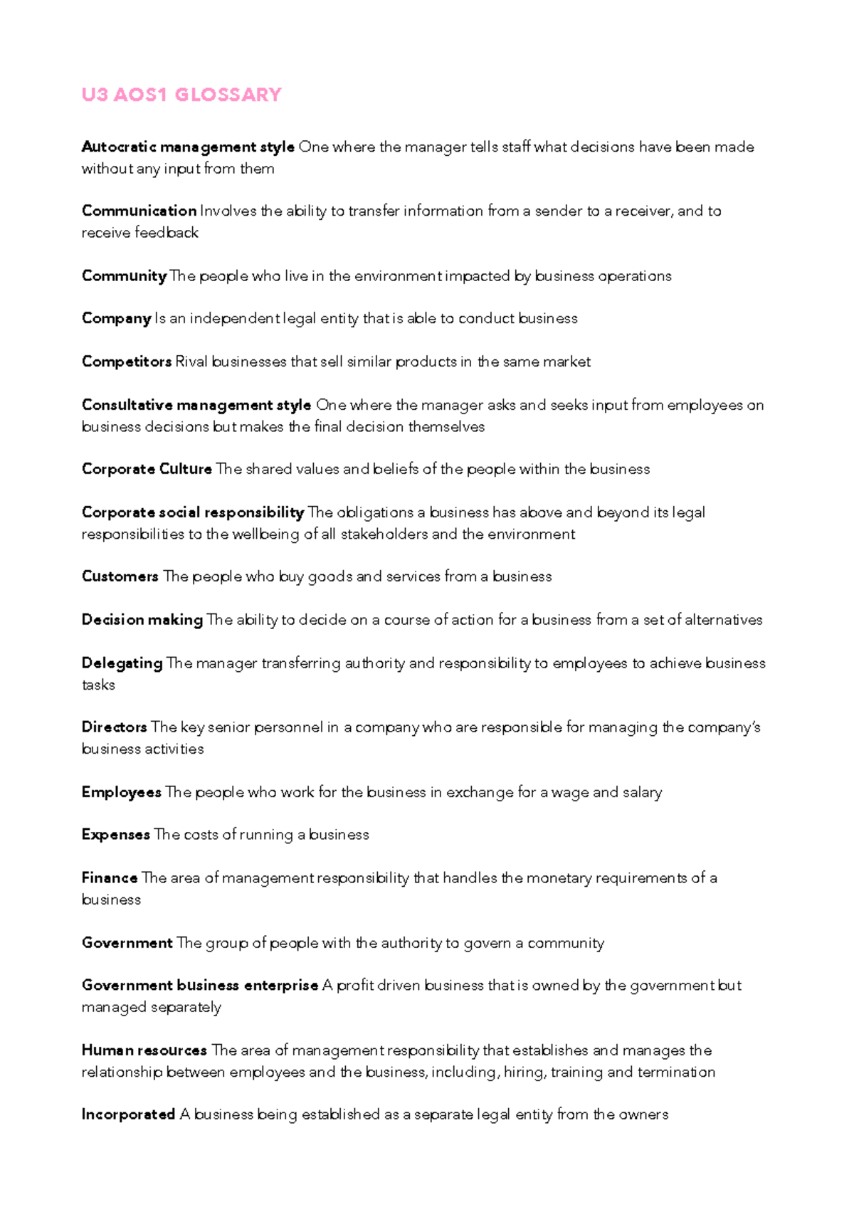 BUSMAN 3/4 GLOSSARY: Key Terms and Definitions for Understanding ...