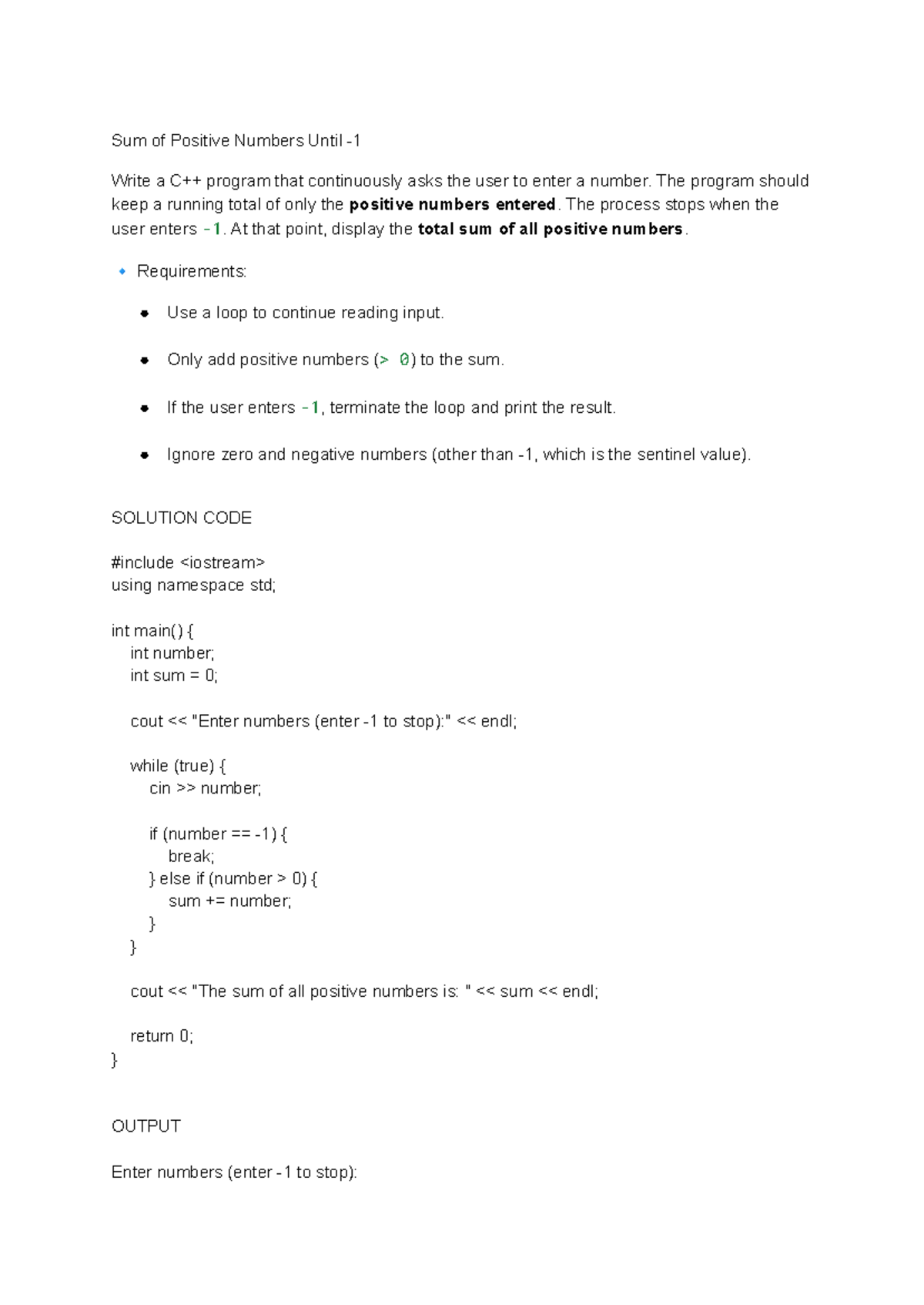 C++ Exercise: Sum of Positive Numbers Until Sentinel Value - Studocu