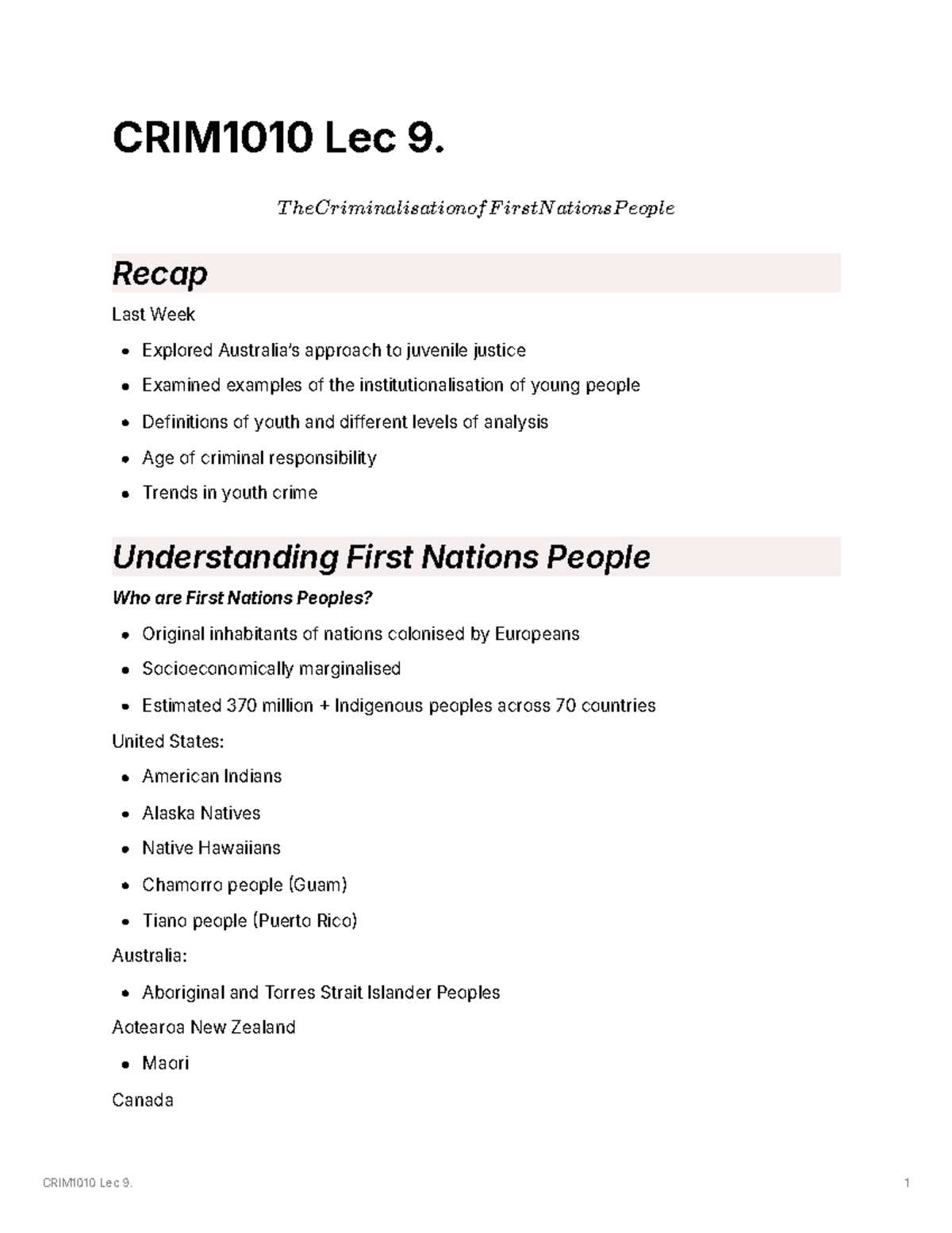 CRIM1010 Lecture 9: Understanding First Nations Peoples and Criminal ...
