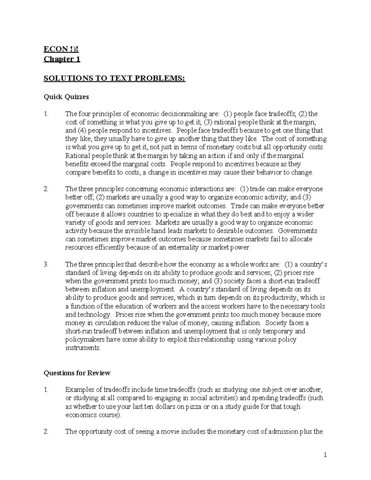 ECON 101 Chapter 1 Solutions: Key Economic Principles Explained - Studocu