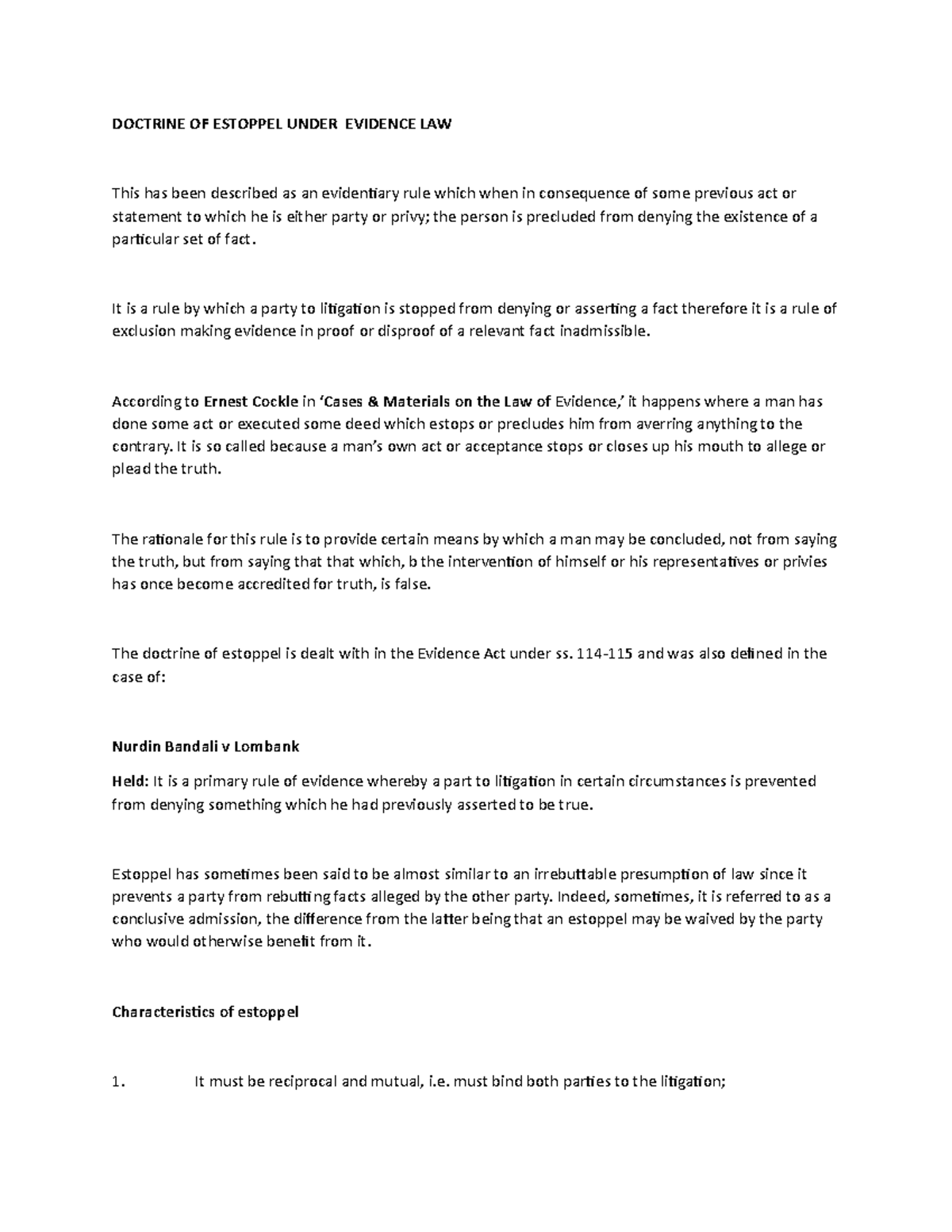 Doctrine of Estoppel in Evidence Law: Key Principles and Cases - Studocu