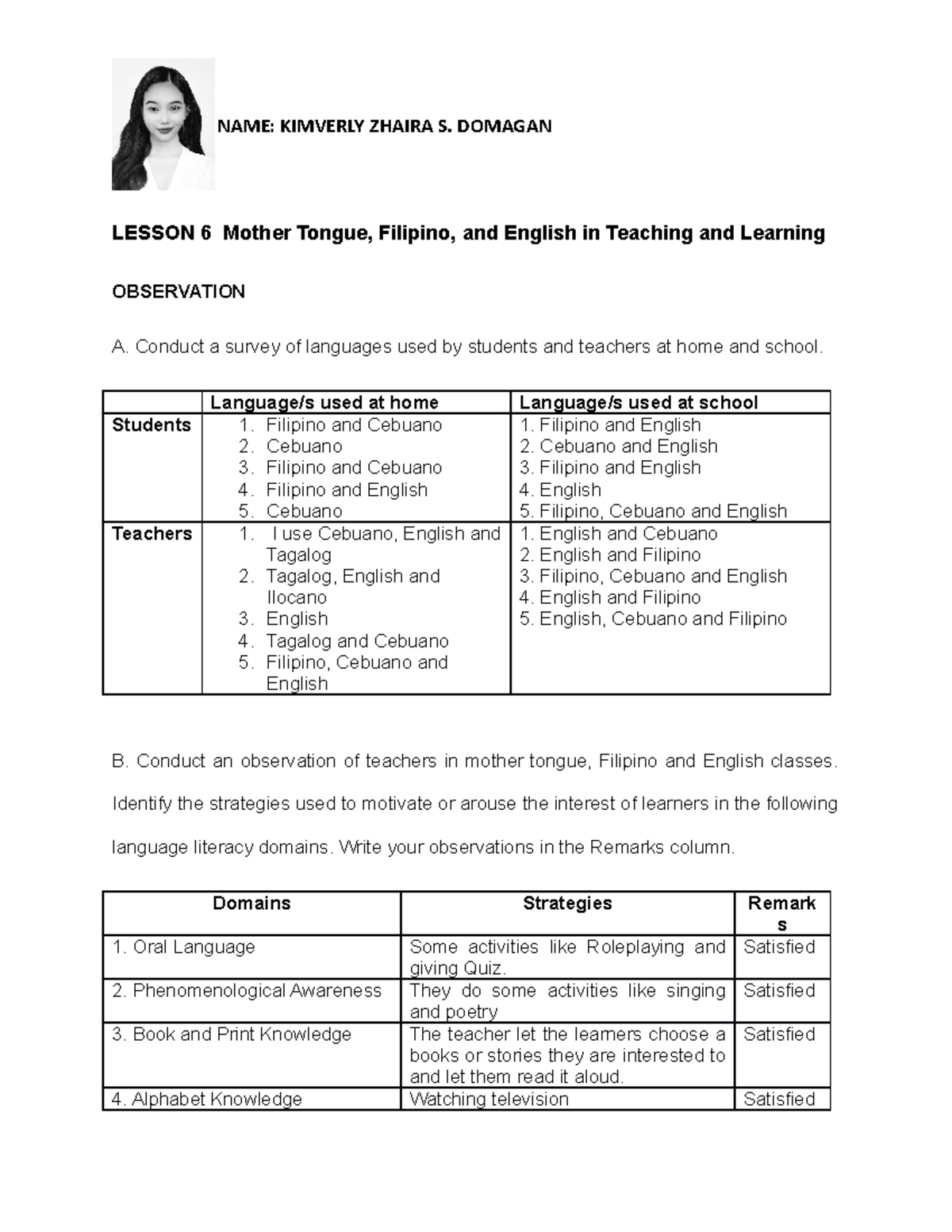 Field Study Lesson 6: Languages in Teaching and Learning Contexts - Studocu