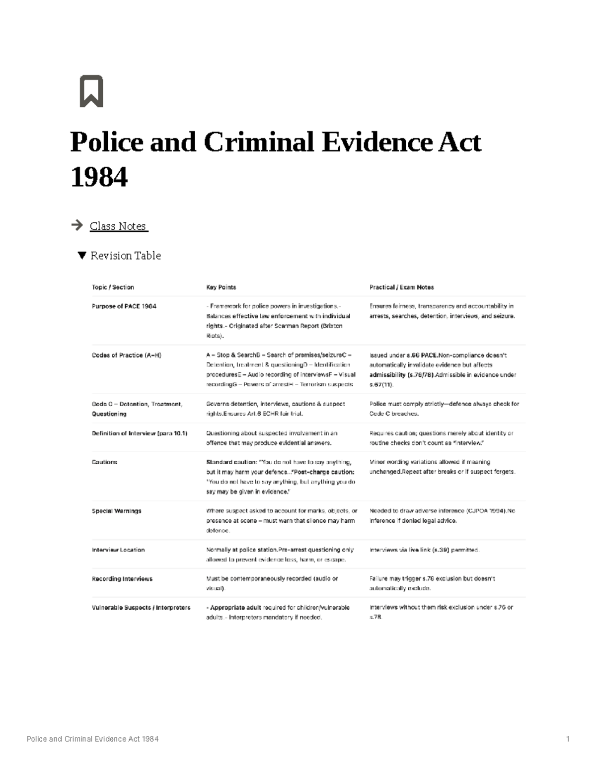 PACE 1984 Class Notes: Key Provisions and Procedural Safeguards - Studocu