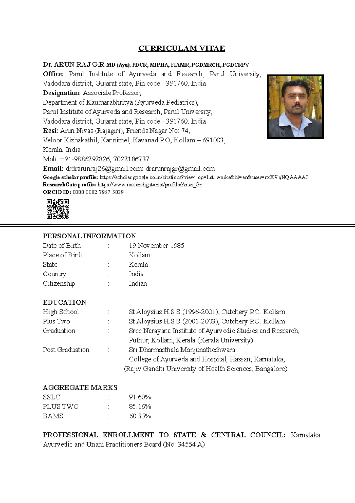 Dr Arun Raj GR: Comprehensive CV for Academia and Research - Studocu
