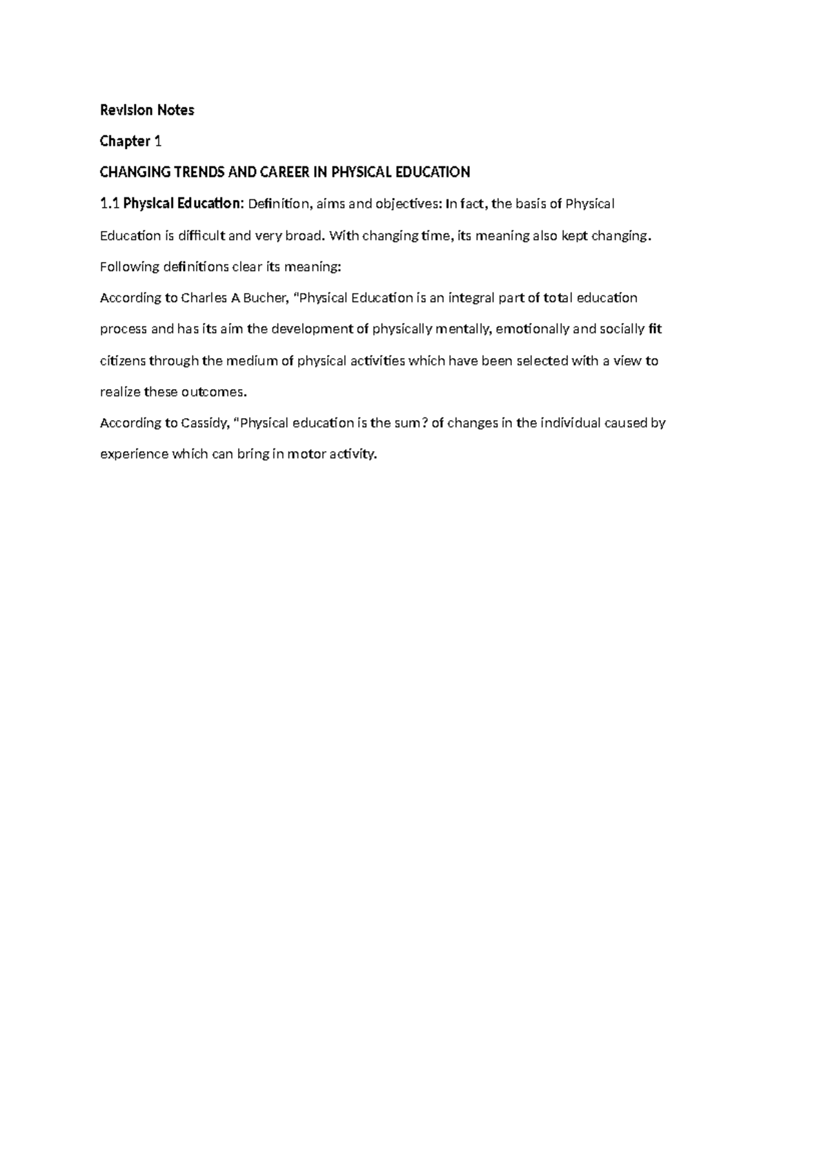 Revision Notes: Chapter 1 - Changing Trends in PE - Studocu
