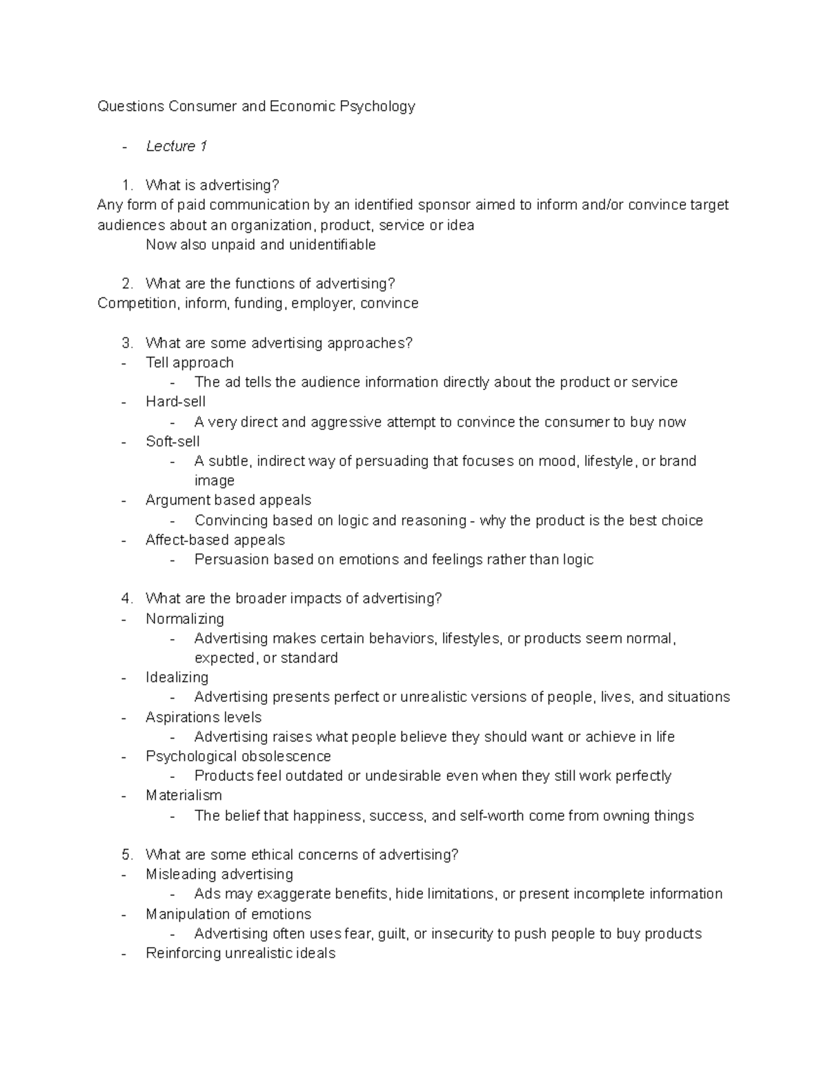 Consumer and Economic Psychology Lecture Notes: Advertising & Behavior ...