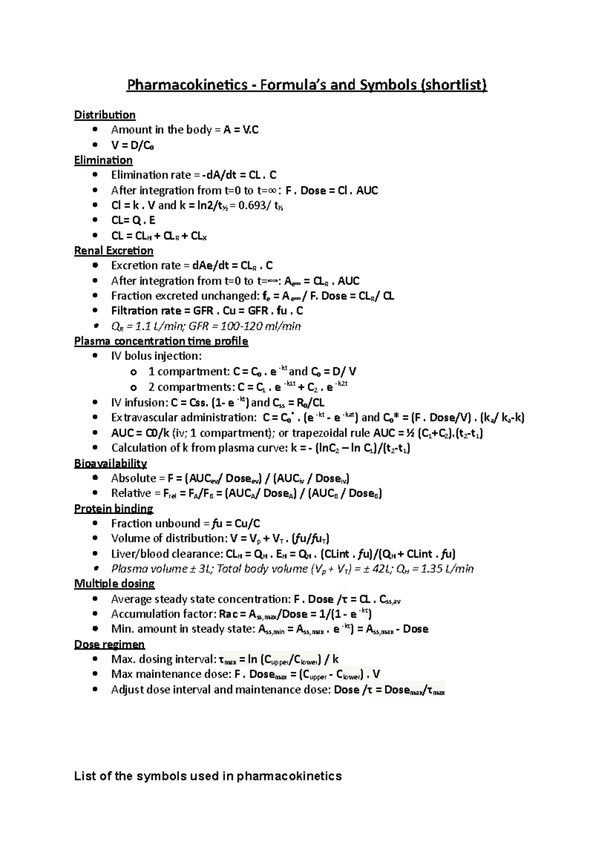 Pharmacokinetics Overview: Key Formulas and Symbols Explained - Studeersnel