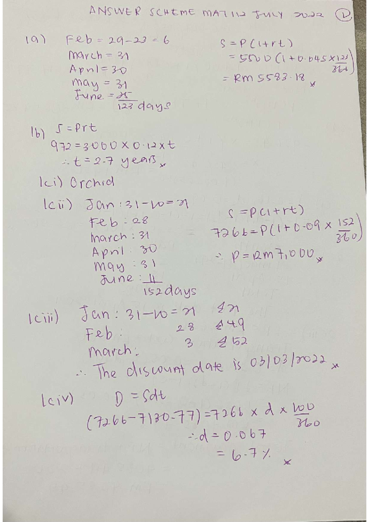 MAT112 July 2022 Answer Key for Exam Review - Studocu