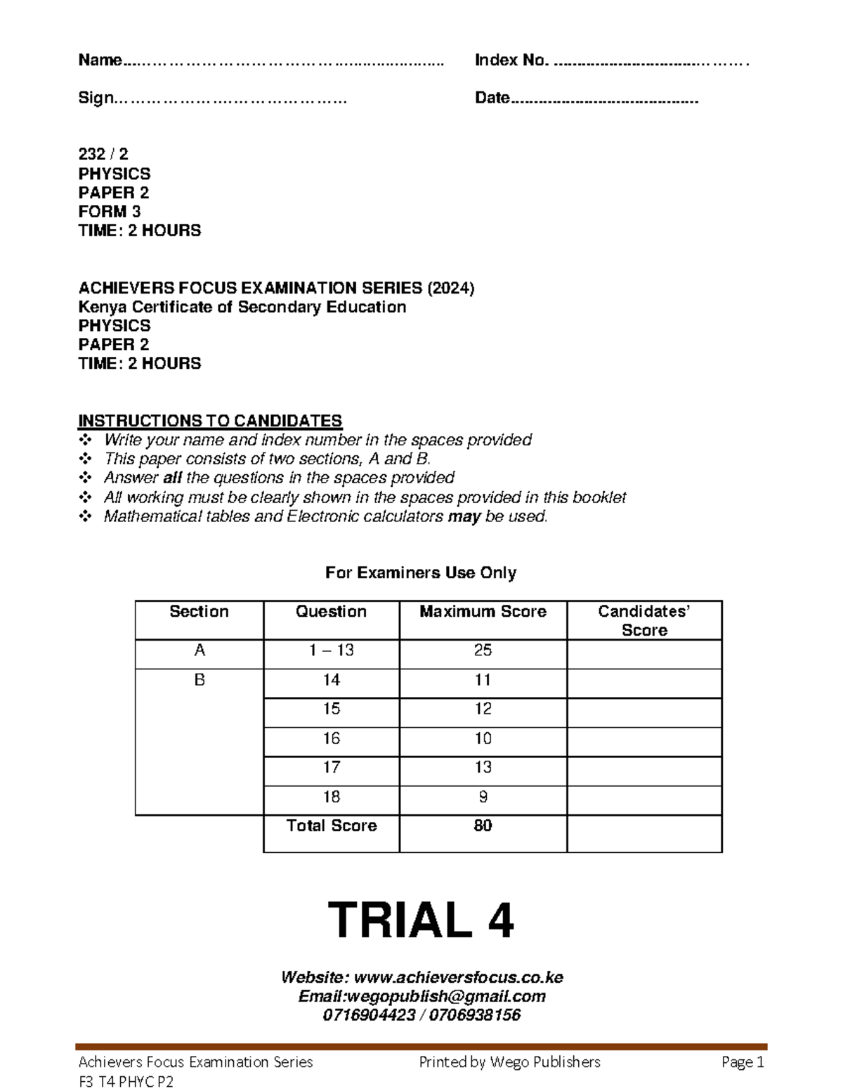 Physics P2 Trial Exam - Form 3 (Achievers Focus 2024) - Studocu
