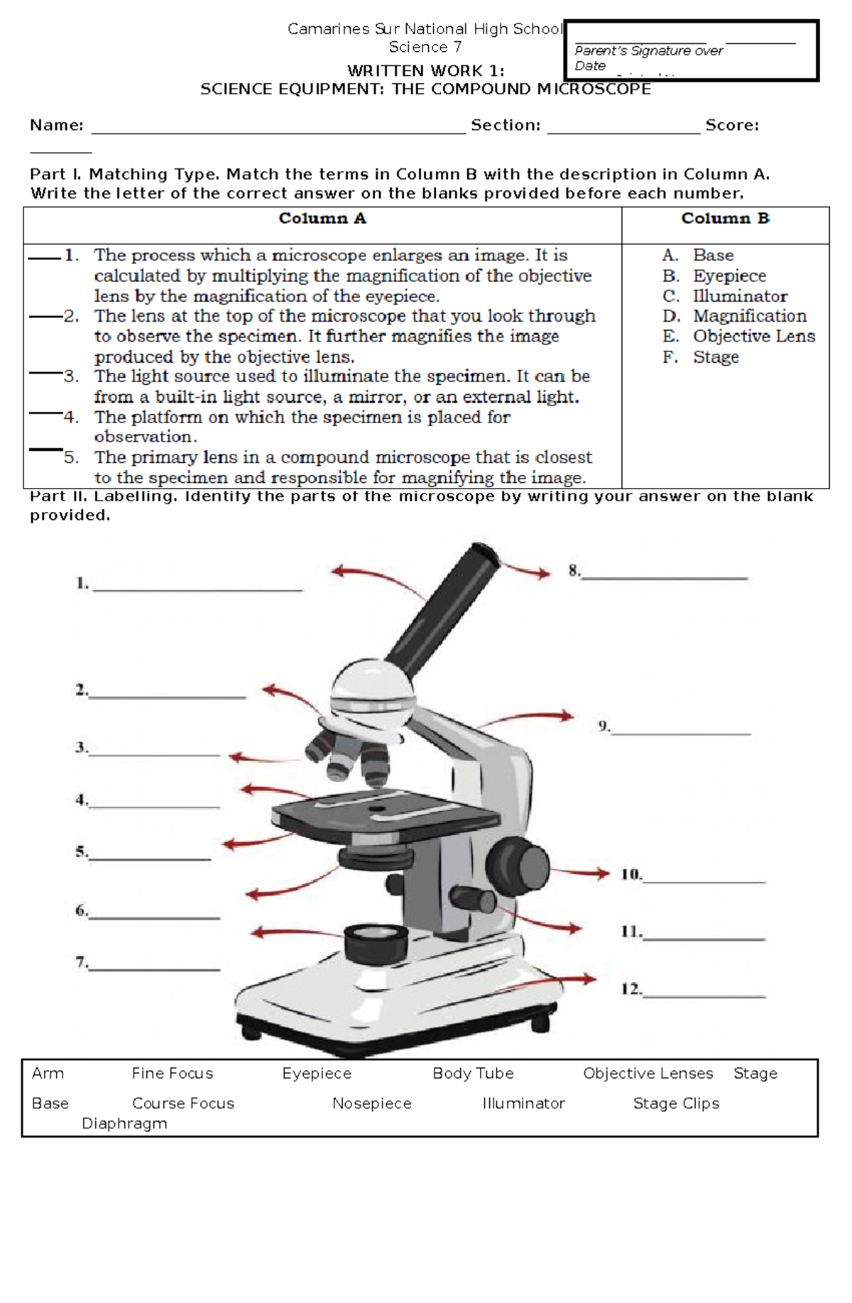 Q2-WW1- Microscope - Camarines Sur National High School Science 7 ...