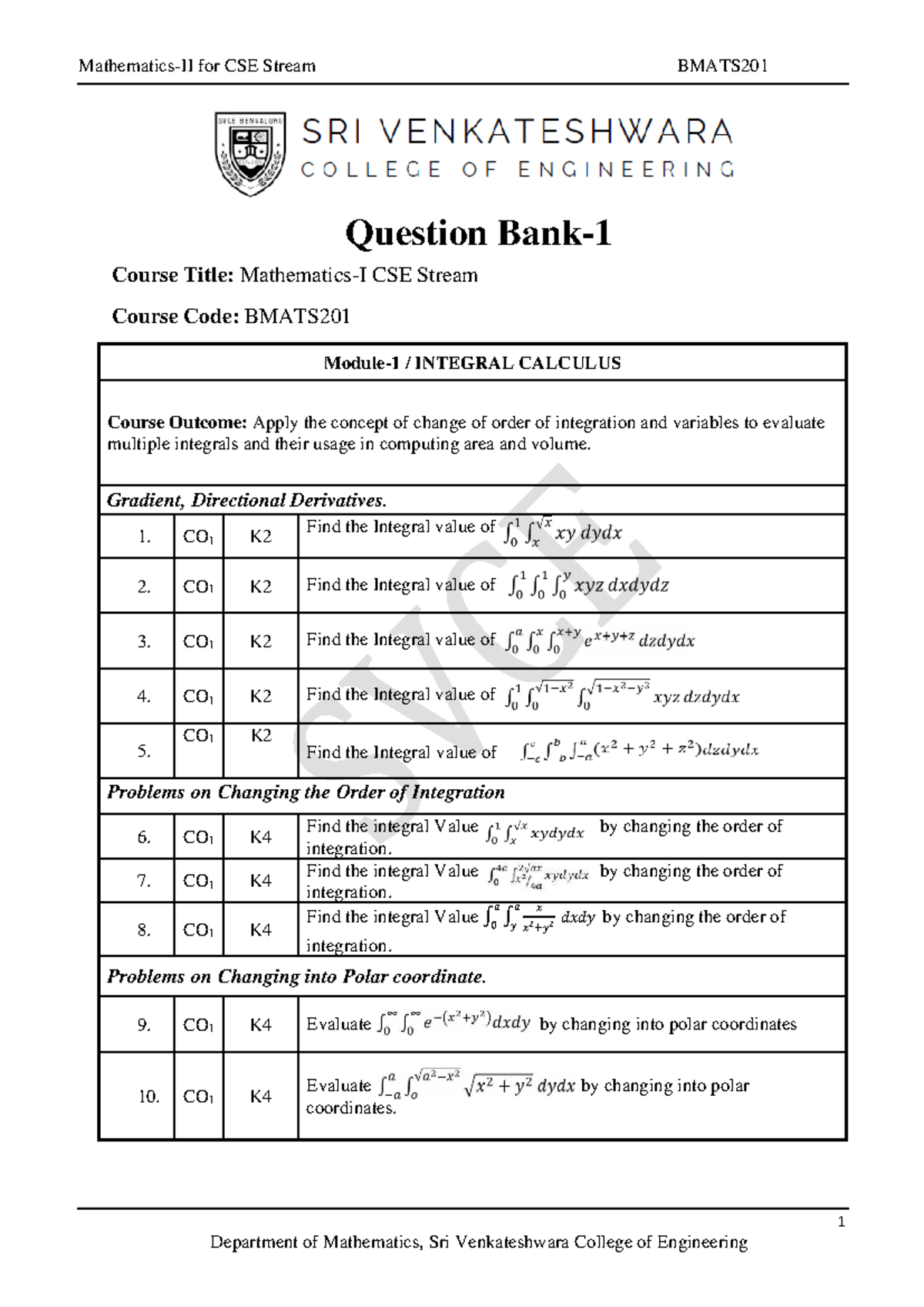 CSE Stream BMATS201 Integral Calculus & Vector Calculus Question Bank ...