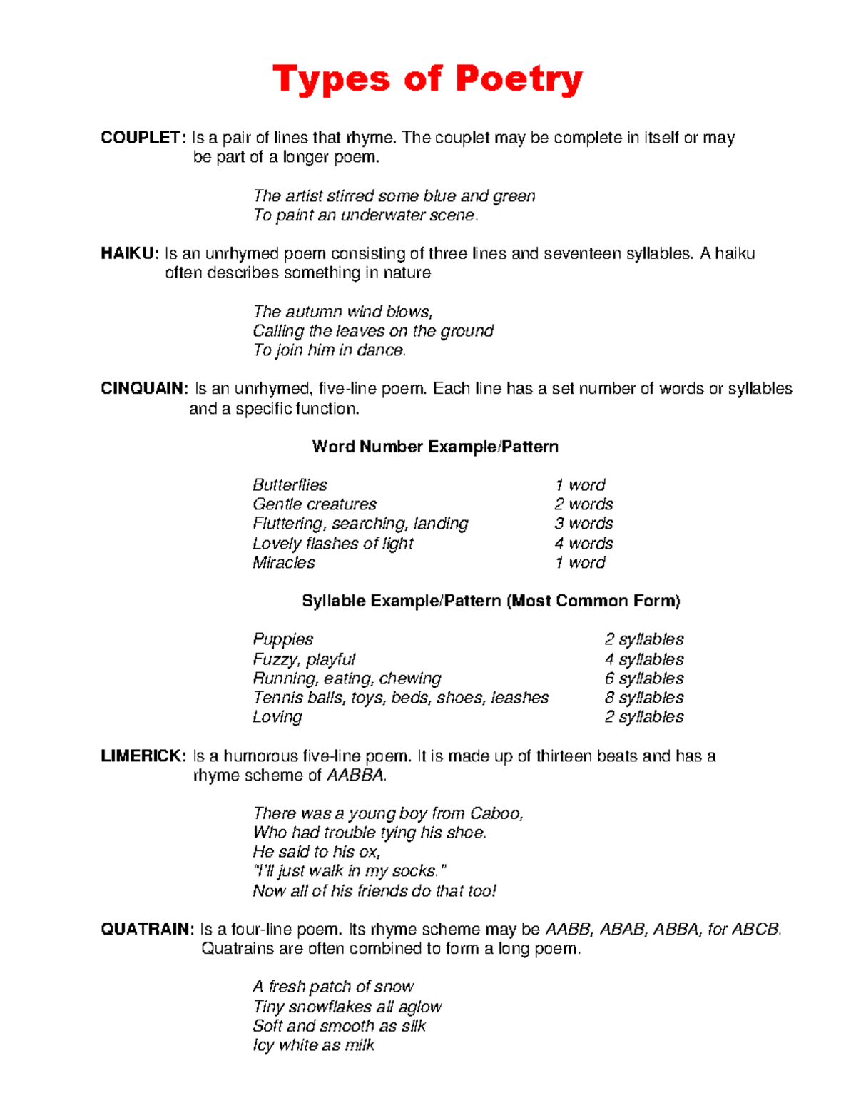 Types of poetry - Good luck - COUPLET: Is a pair of lines that rhyme ...