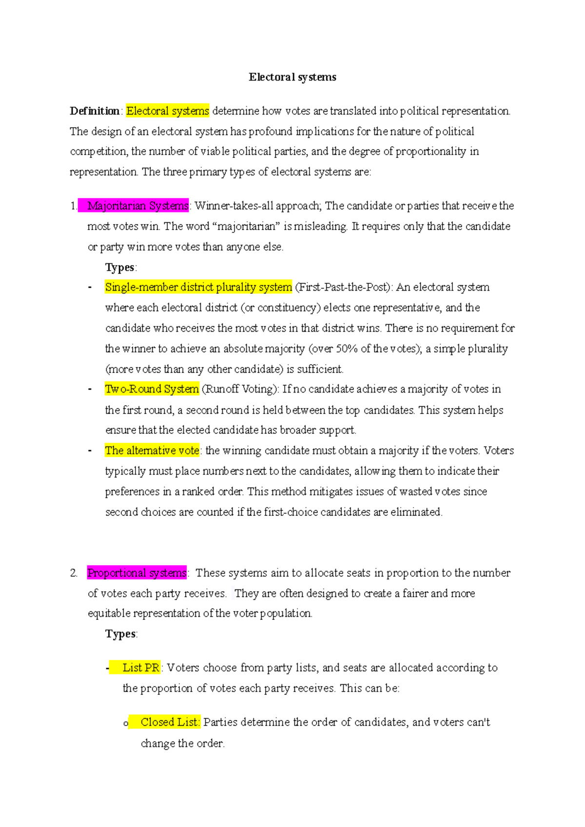 Electoral Systems Overview: Types, Structures, and Voter Behavior - Studocu