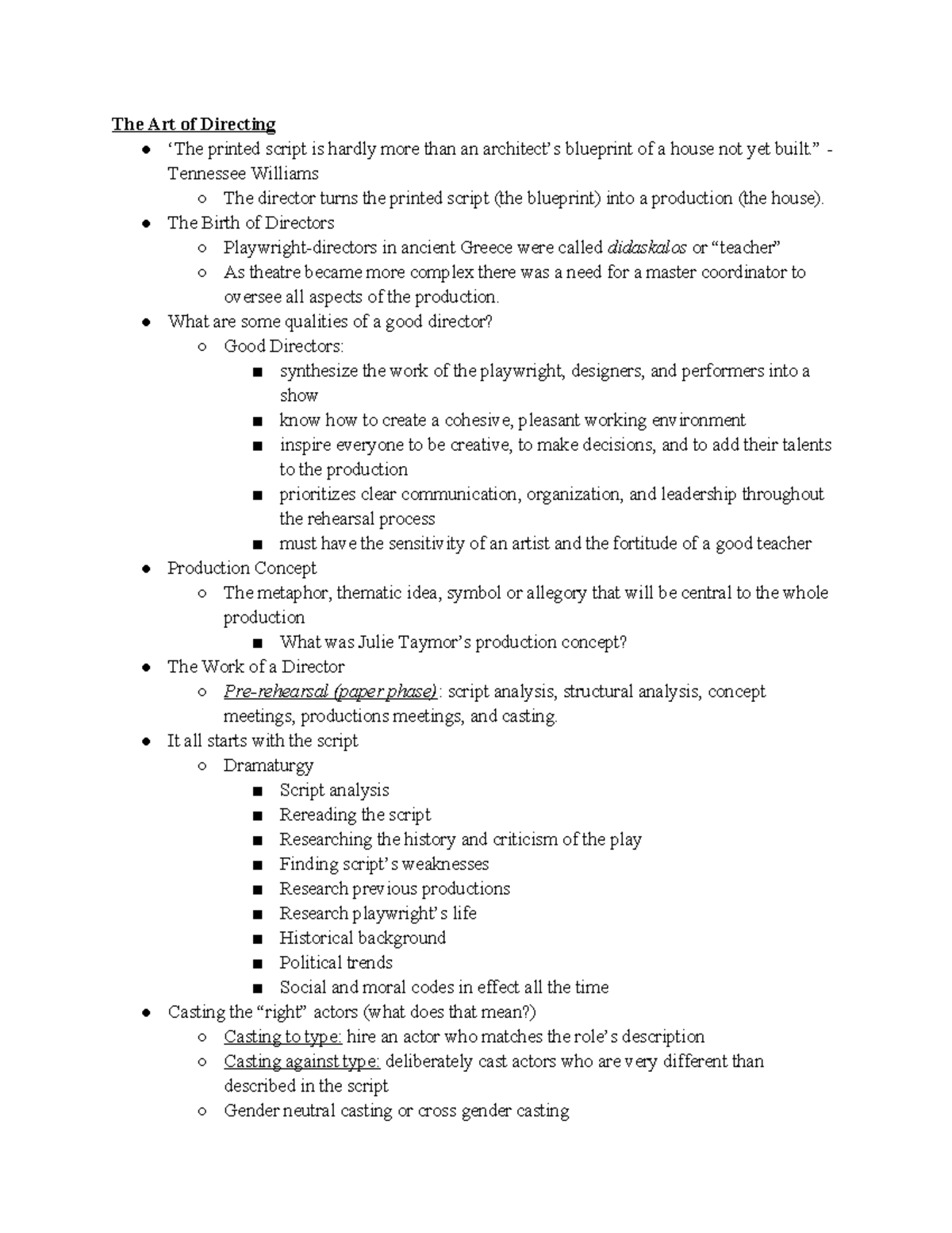 TH 210 Lecture Notes: The Art of Directing and Production Concepts ...