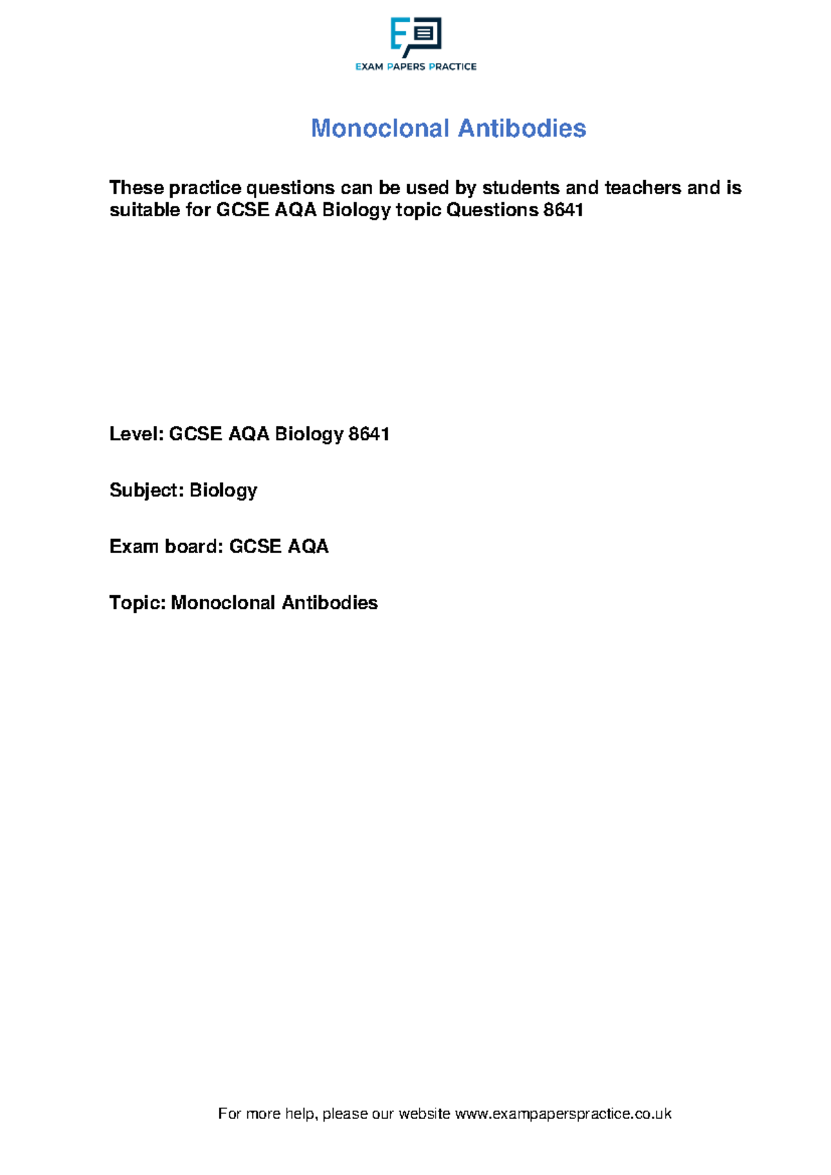 GCSE AQA Biology 8641: Monoclonal Antibodies Practice Questions - Studocu