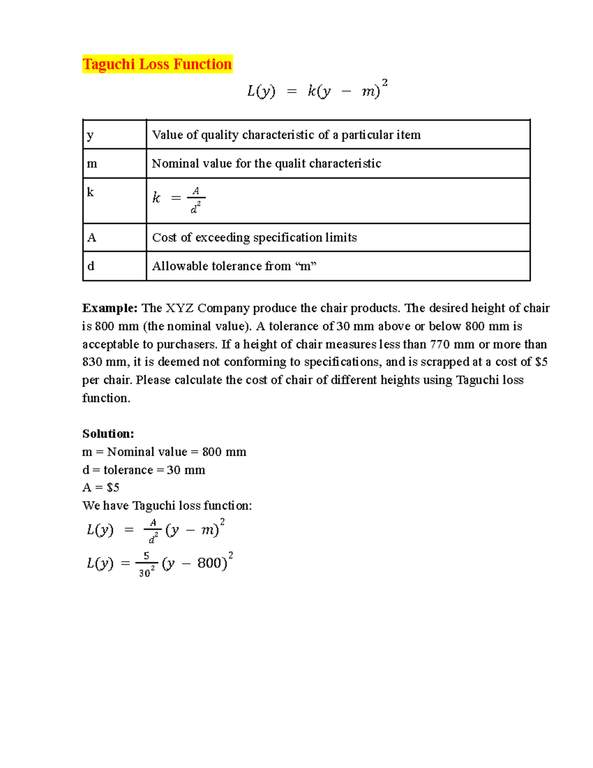Rewiew MID - Review before midterm test - Taguchi Loss Function 𝐿(𝑦 ...