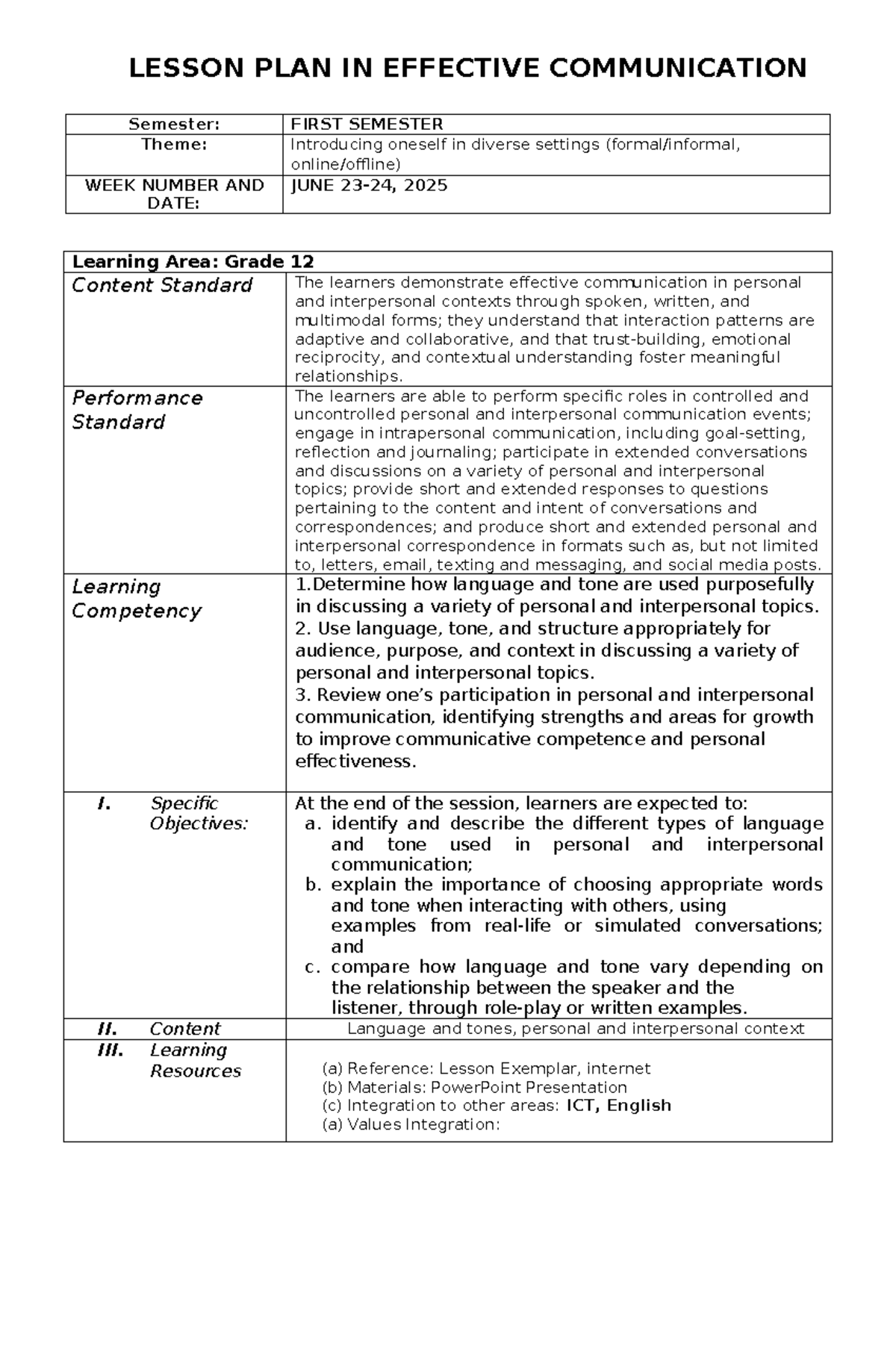 Effective Communication Lesson Plan (Grade 12) - First Semester - Studocu