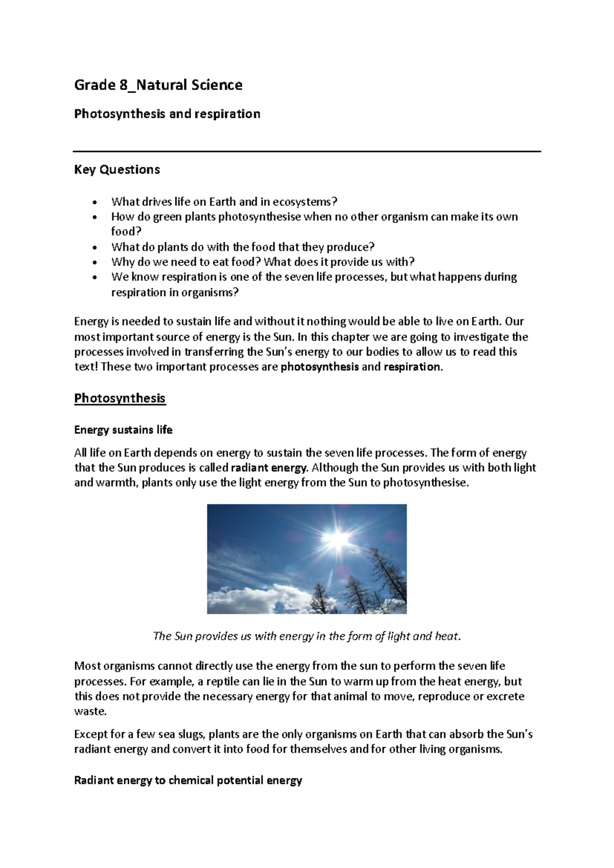 Grade 8 Natural Science: Photosynthesis & Respiration Overview - Studocu