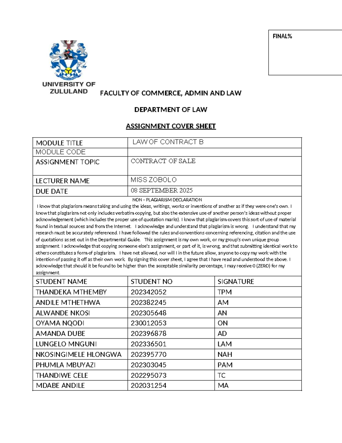 LAW OF CONTRACT B: CONTRACT OF SALE ASSIGNMENT DRAFT - Studocu