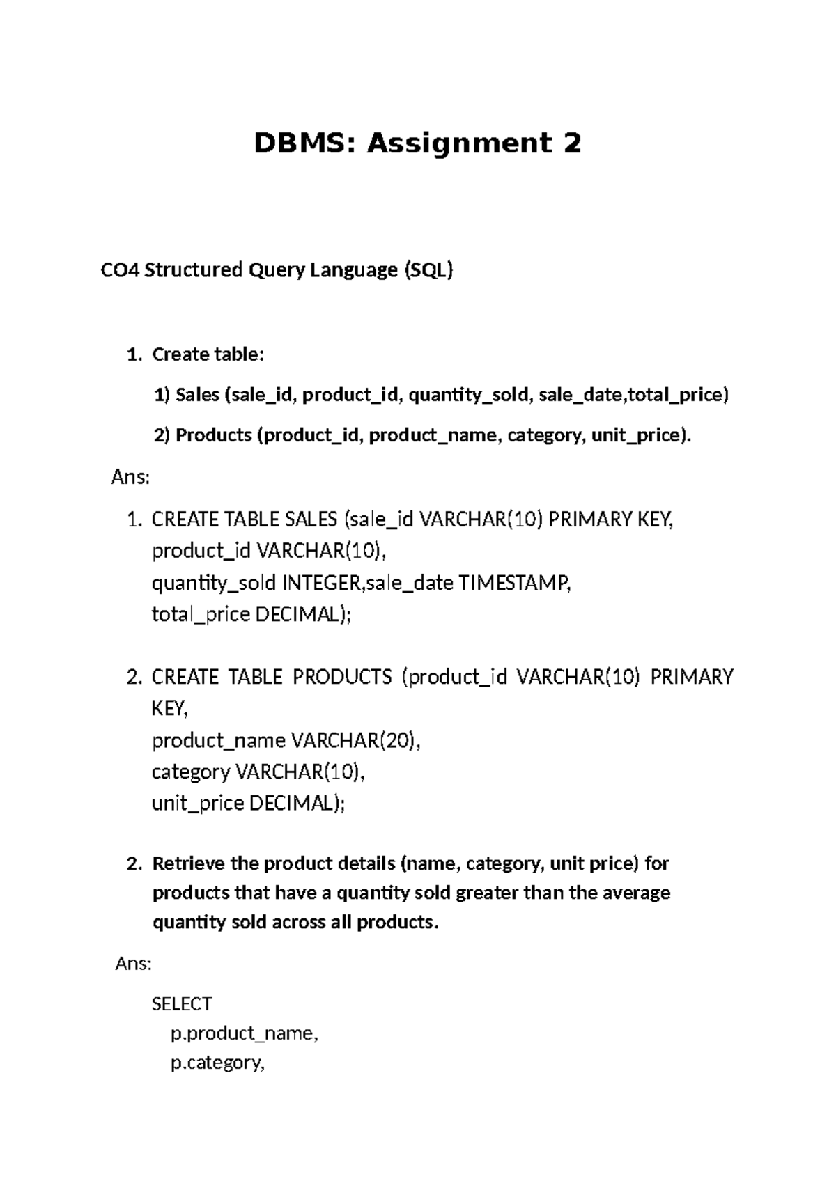 DBMS Assignment - dbms sql quesries and important questions - DBMS ...