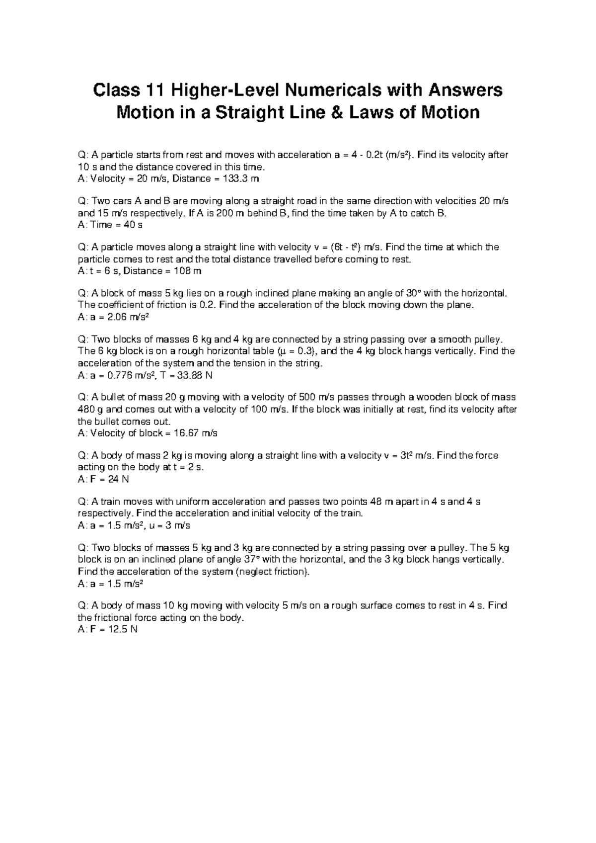 Class 11 Motion Laws Numericals with Solutions and Answers - Studocu