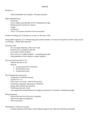 Law201 exam notes - LAW 201 Exam Notes Module 1: The Role of Lawyers ...